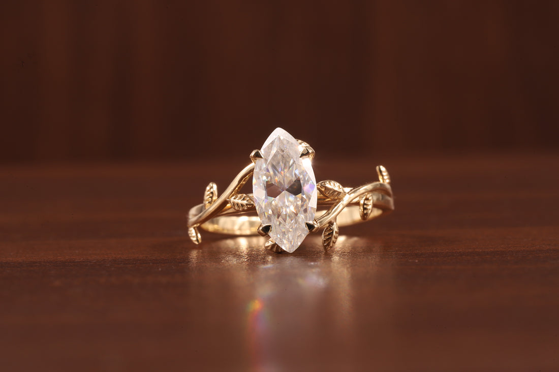 Nature Inspired Marquise Shape Moissanite Leaf Engagement Ring Set