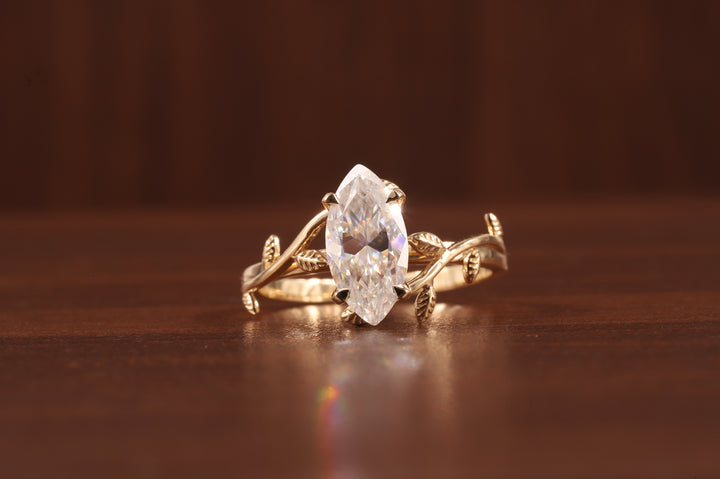 Nature Inspired Marquise Shape Moissanite Leaf Engagement Ring Set