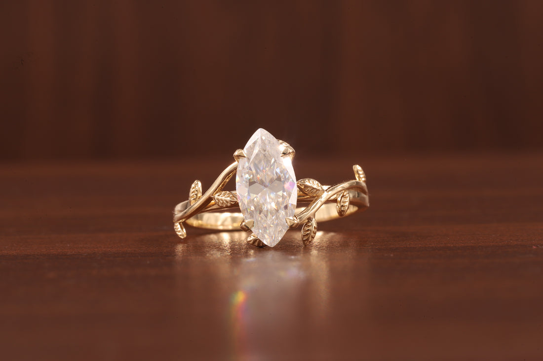 Nature Inspired Marquise Shape Moissanite Leaf Engagement Ring Set