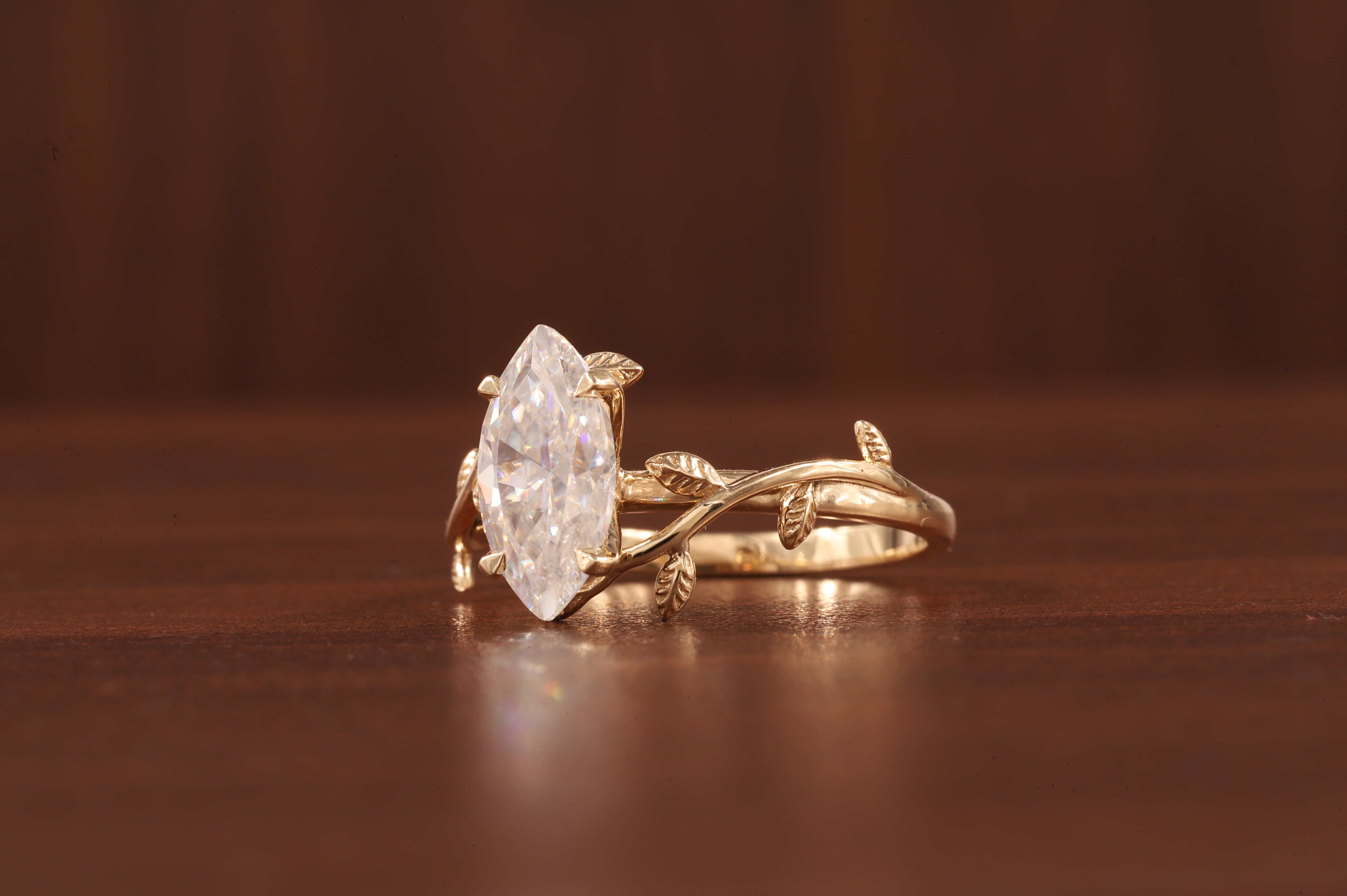 Nature Inspired Marquise Shape Moissanite Leaf Engagement Ring Set
