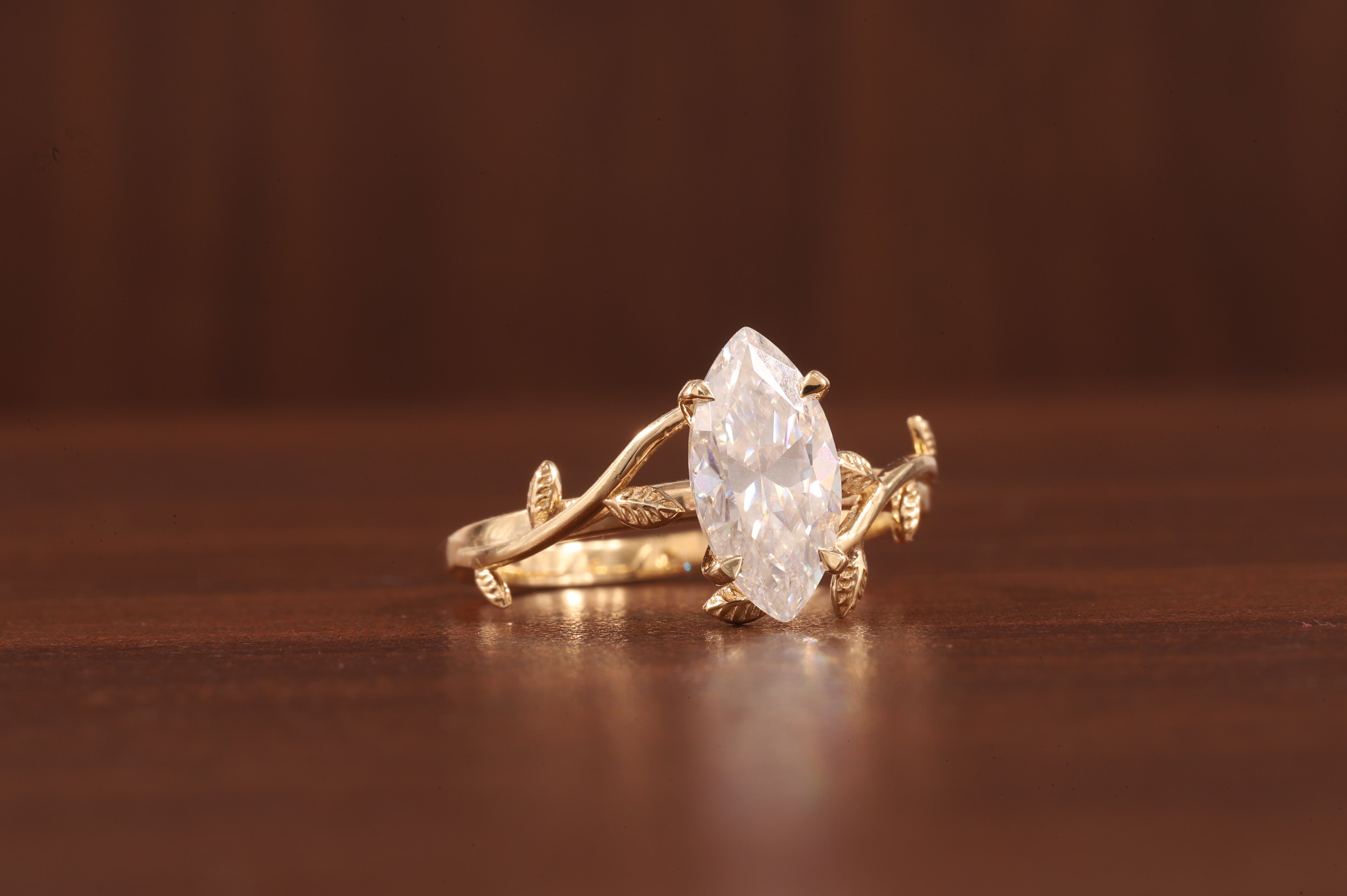 Nature Inspired Marquise Shape Moissanite Leaf Engagement Ring Set