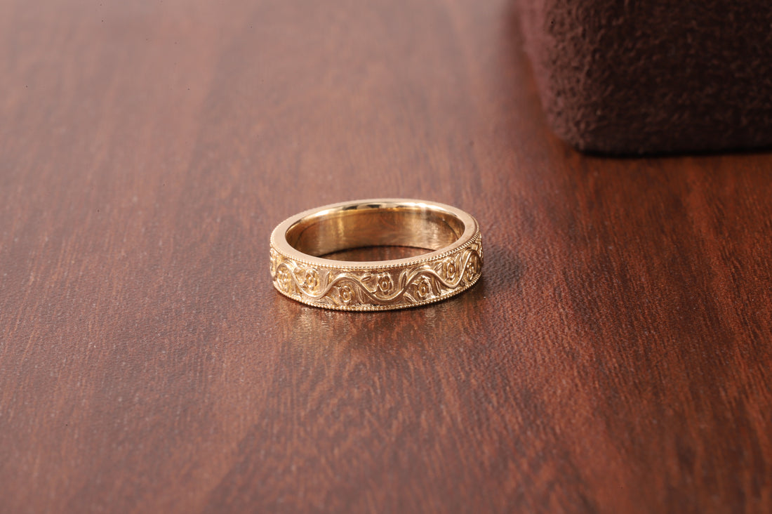 Milgrain Wedding Band Floral Wedding Band, Vintage Look Wedding Ring
