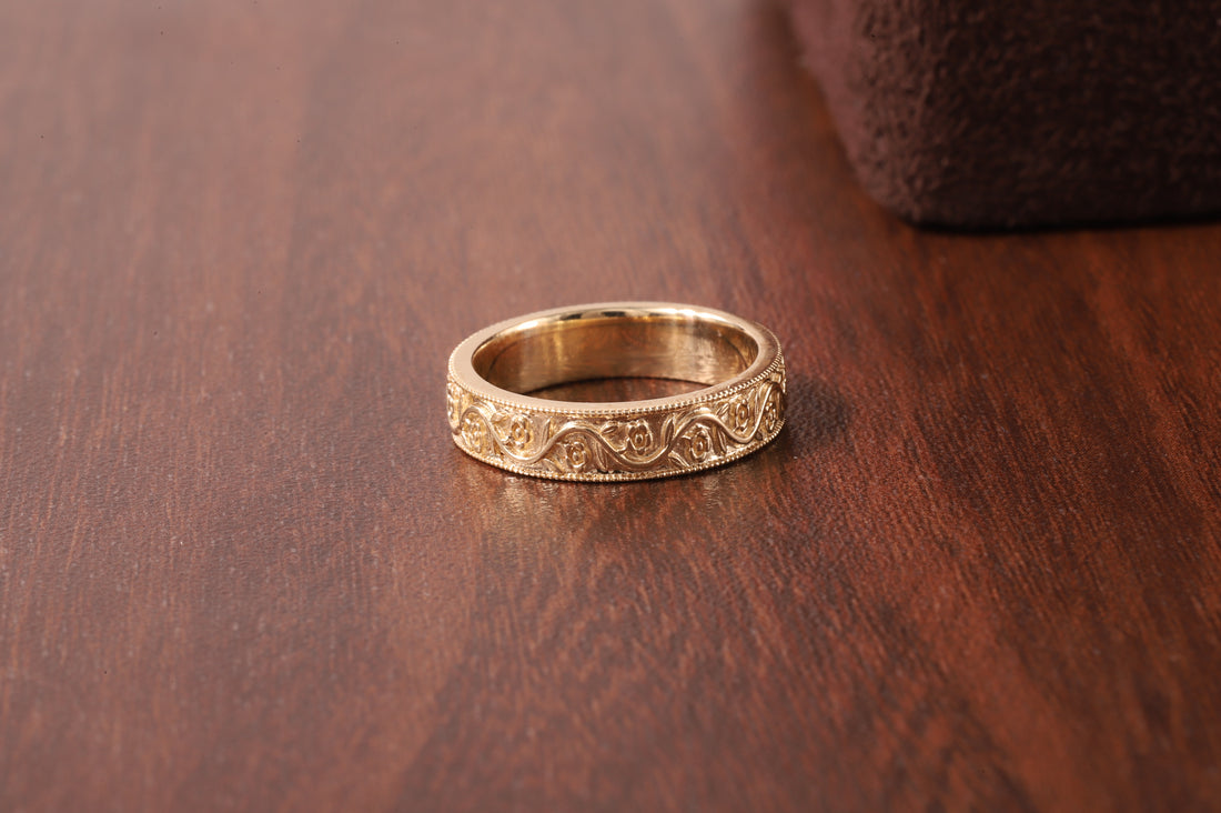 Milgrain Wedding Band Floral Wedding Band, Vintage Look Wedding Ring
