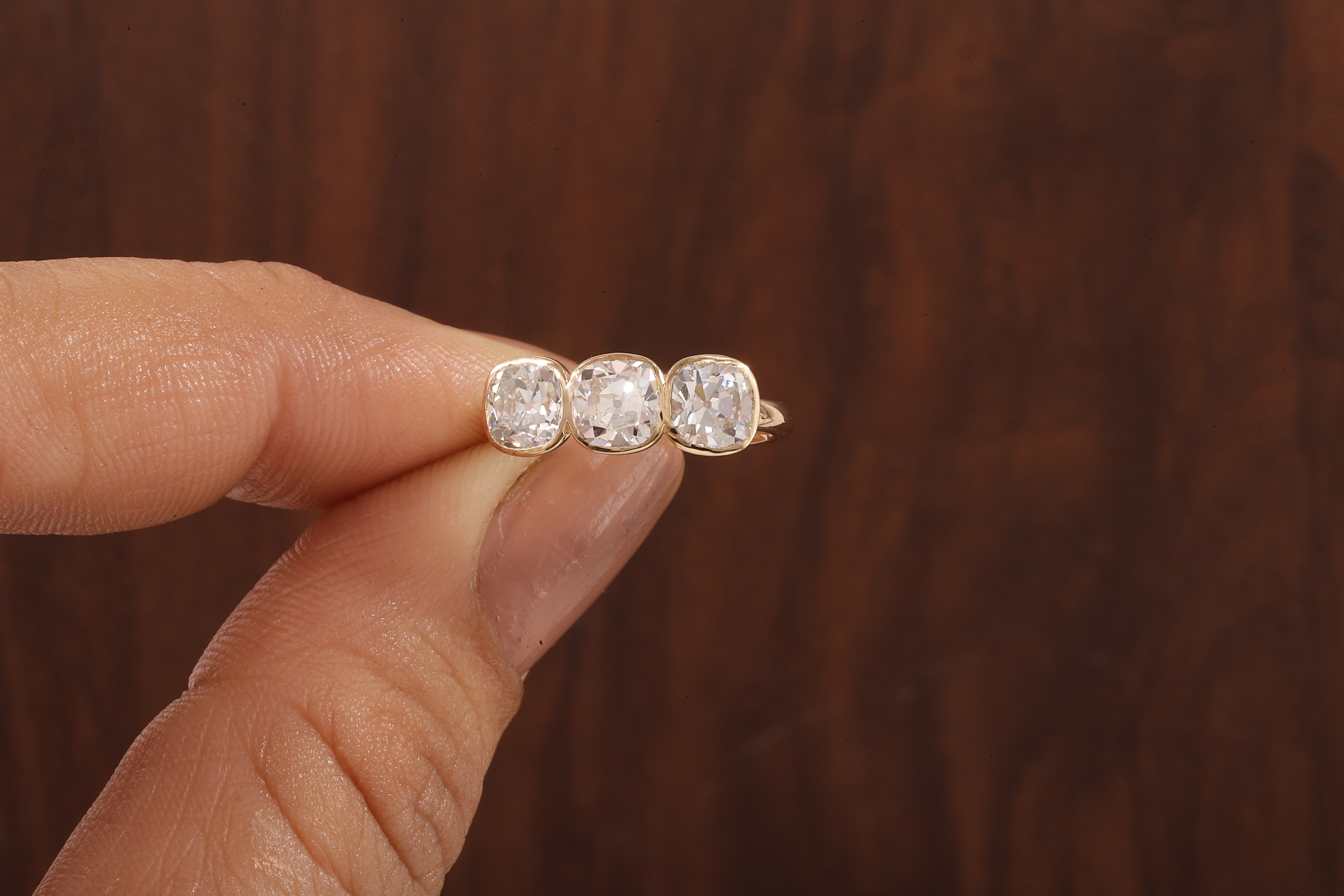 Cushion old European cut Moissanite Three Stone Ring