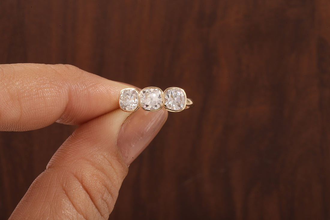 Cushion old European cut Moissanite Three Stone Ring