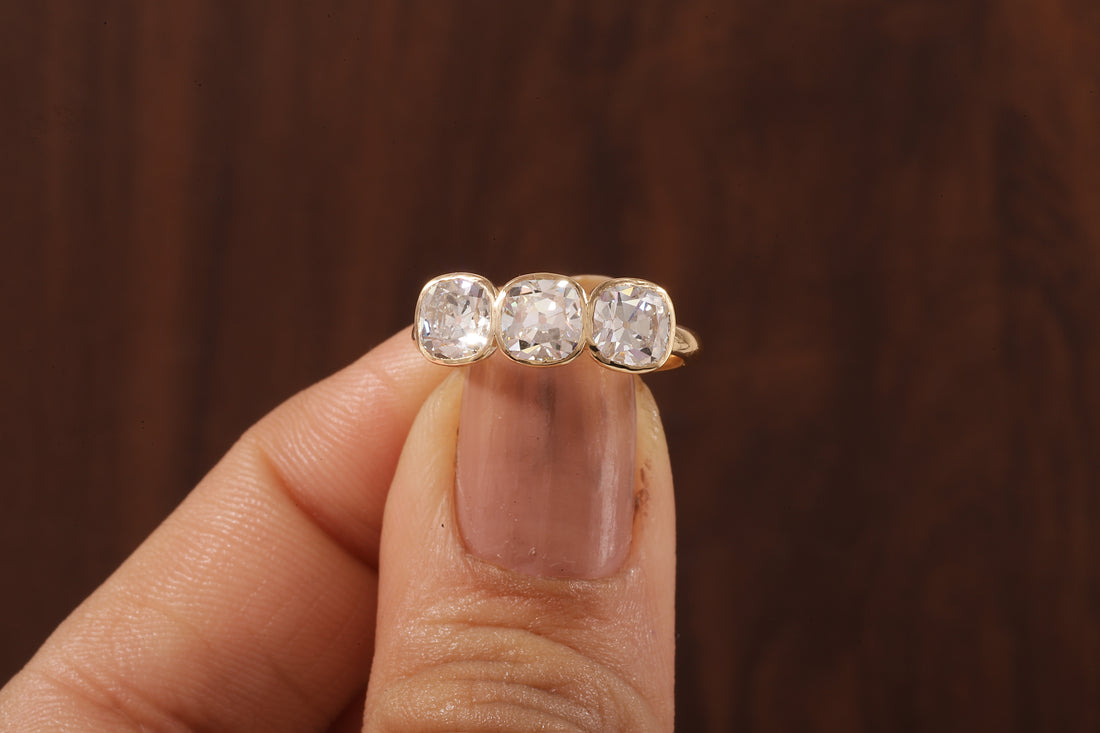 Cushion old European cut Moissanite Three Stone Ring