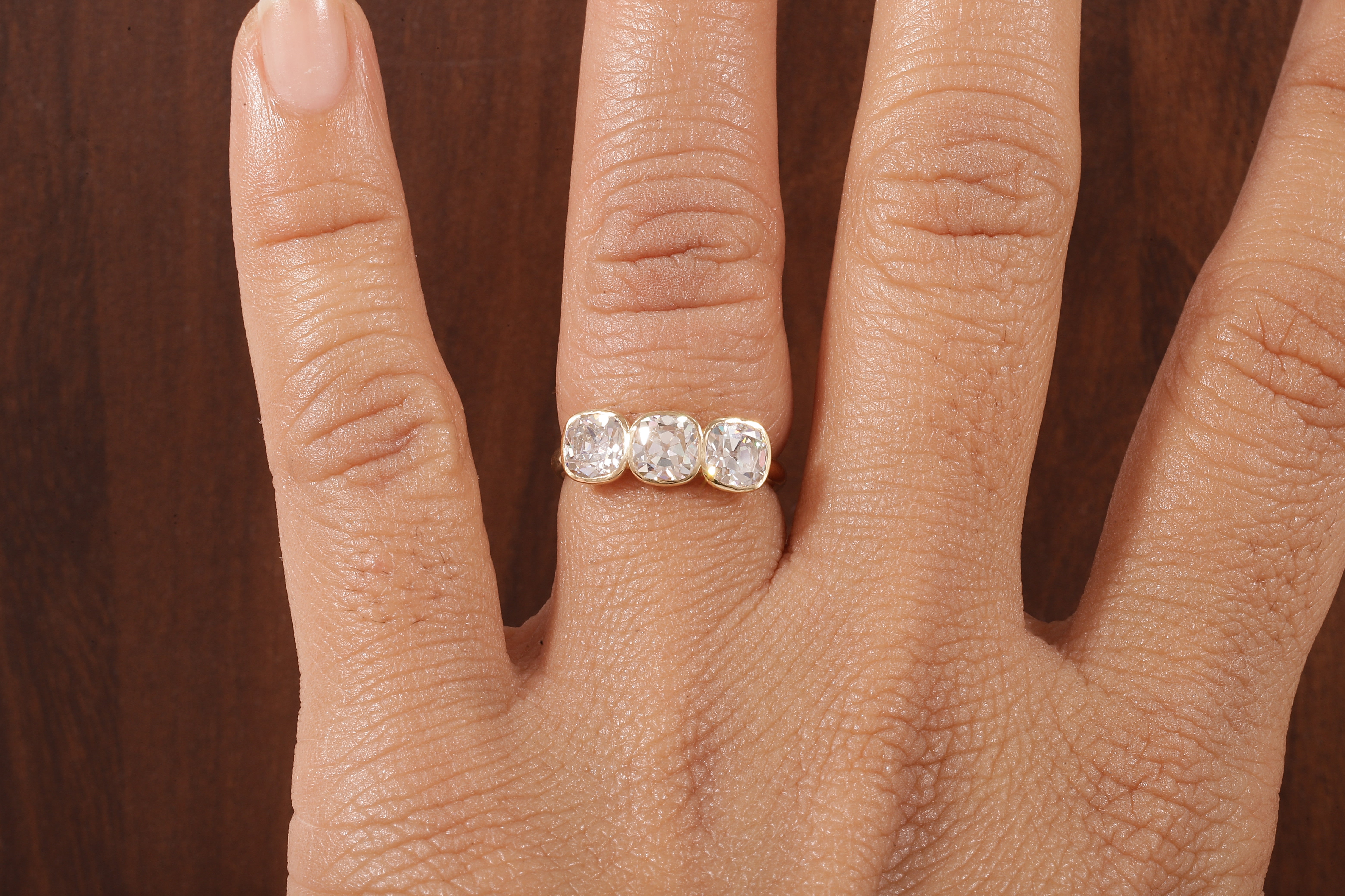 Cushion old European cut Moissanite Three Stone Ring