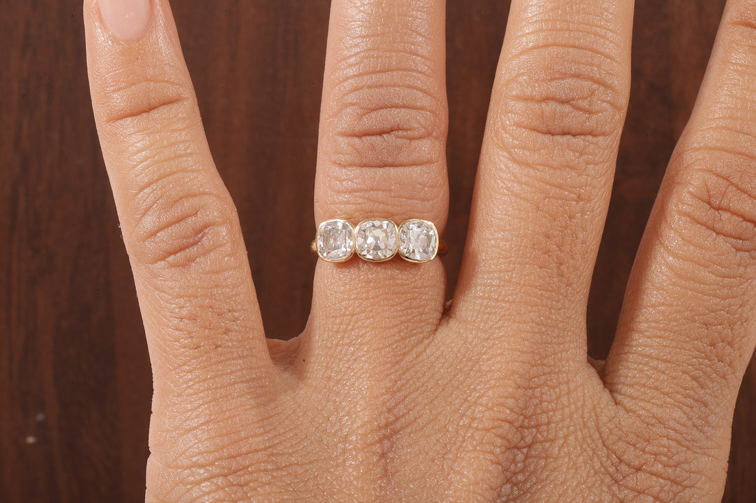 Cushion old European cut Moissanite Three Stone Ring