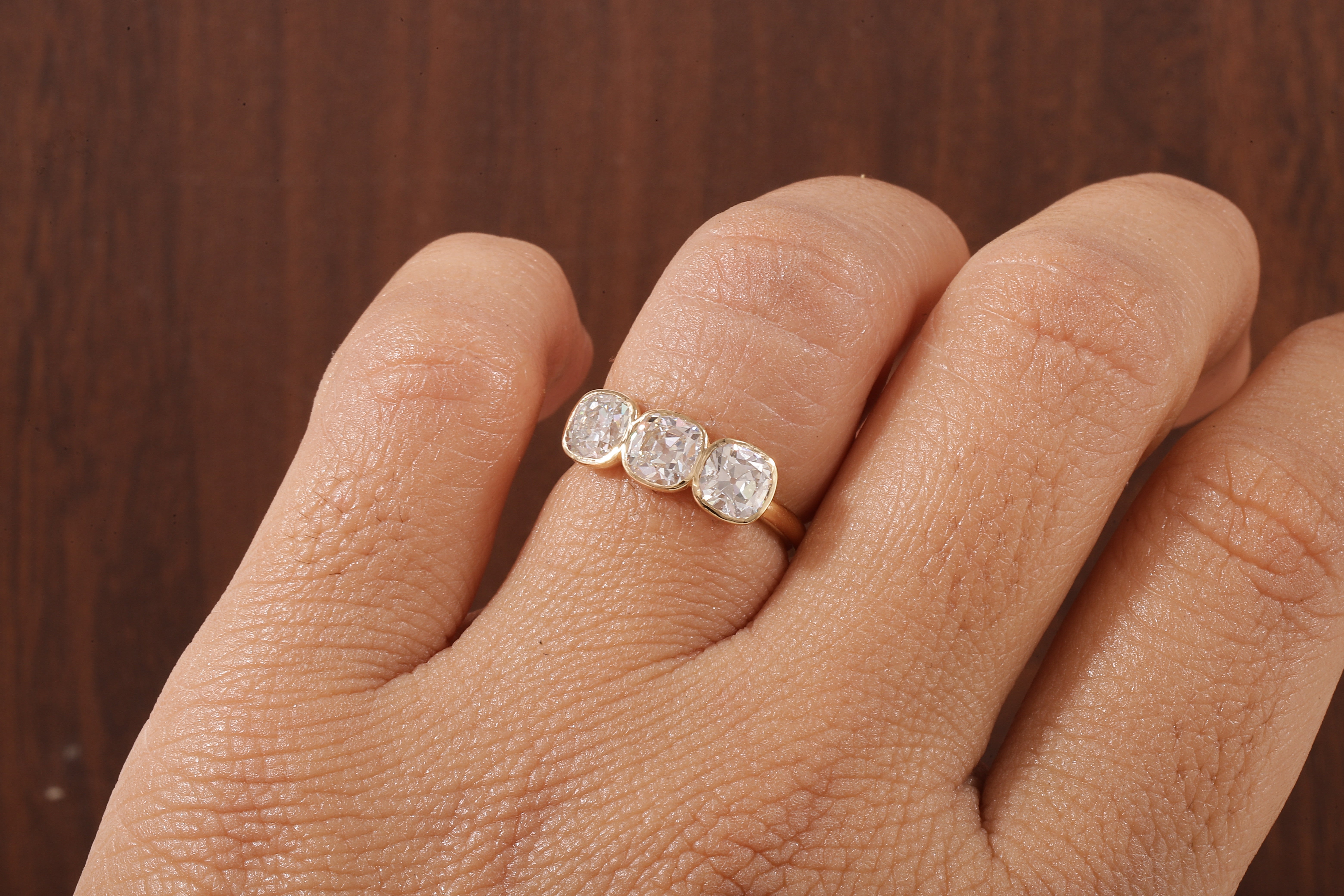 Cushion old European cut Moissanite Three Stone Ring