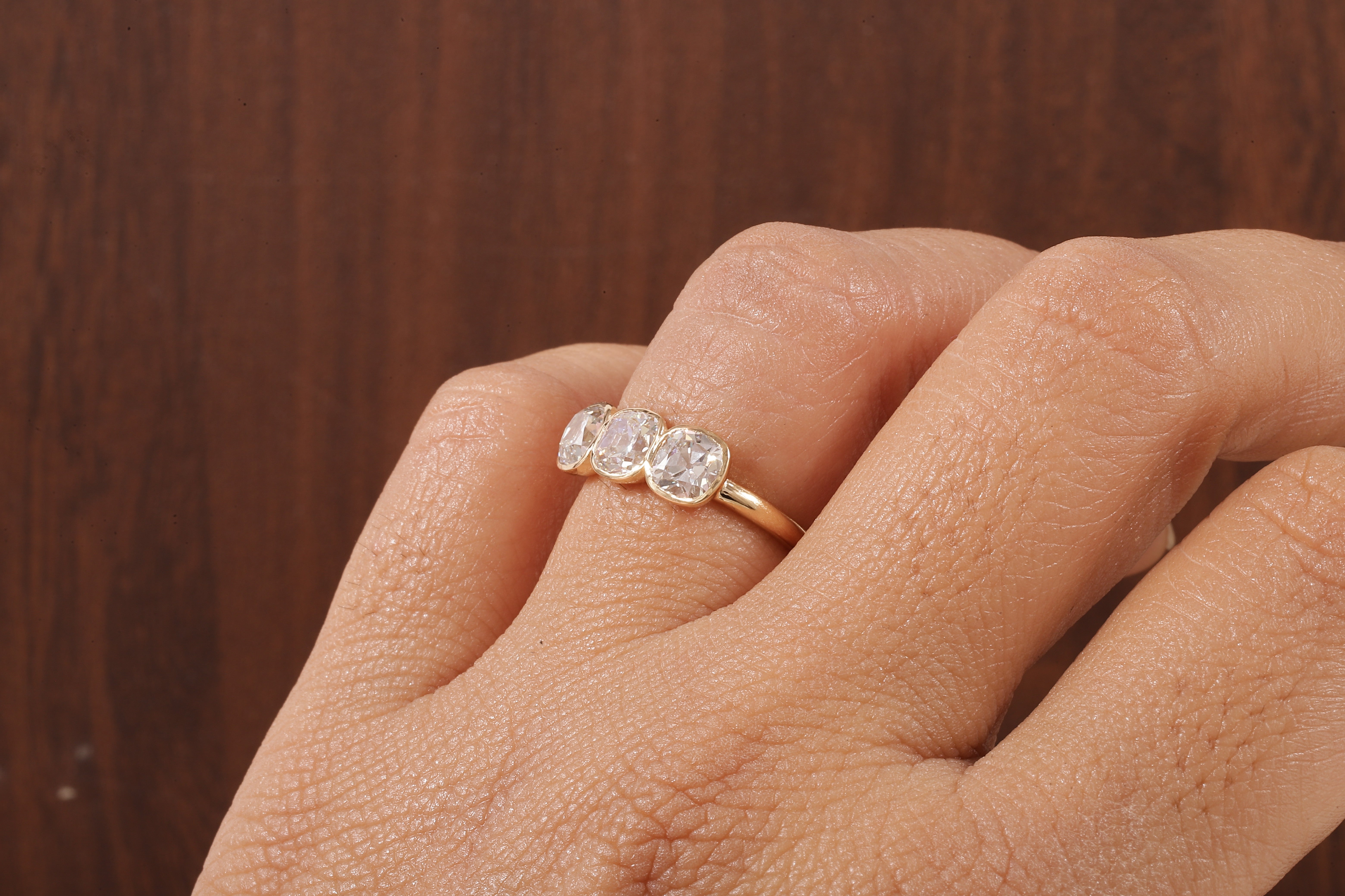 Cushion old European cut Moissanite Three Stone Ring