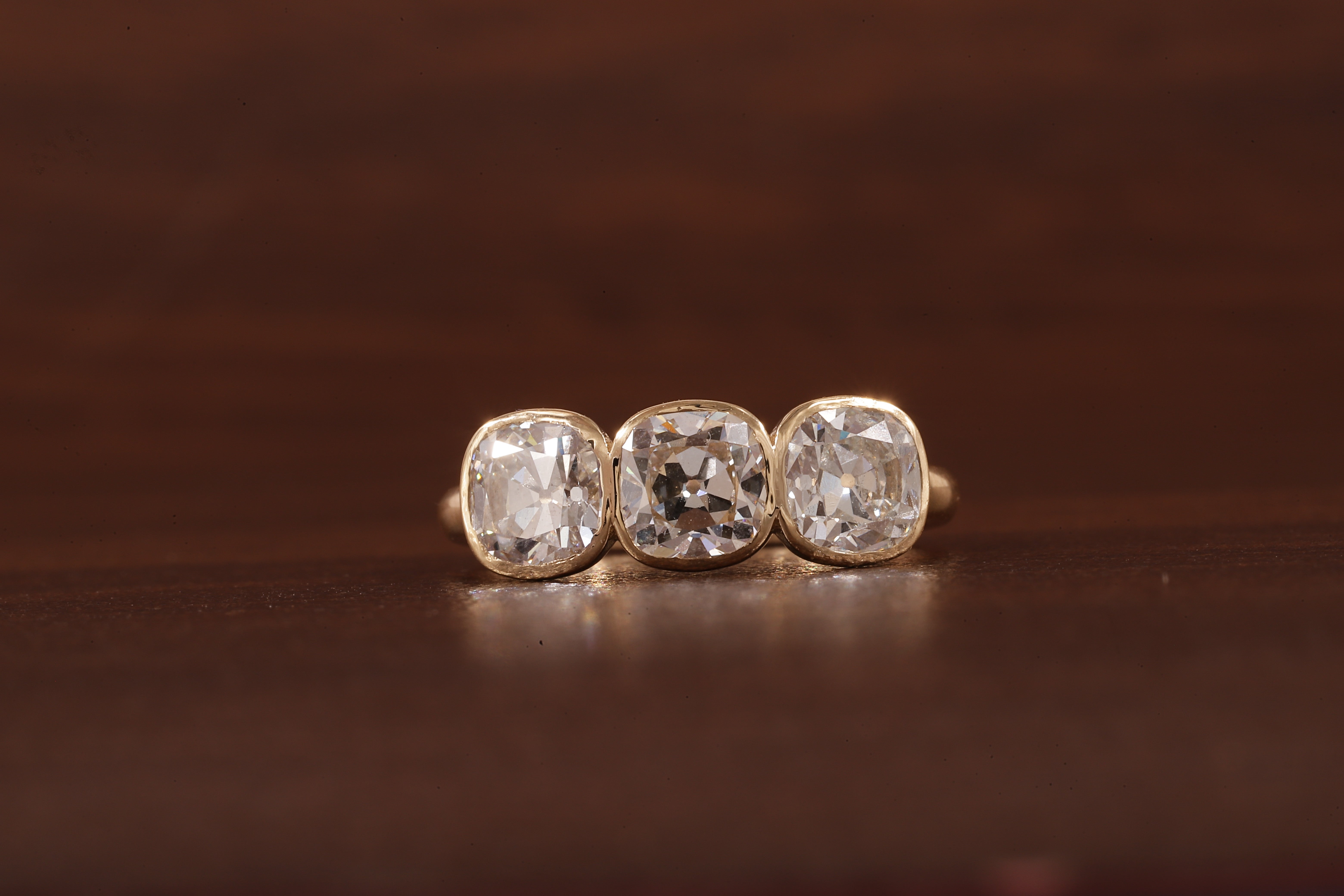 Cushion old European cut Moissanite Three Stone Ring