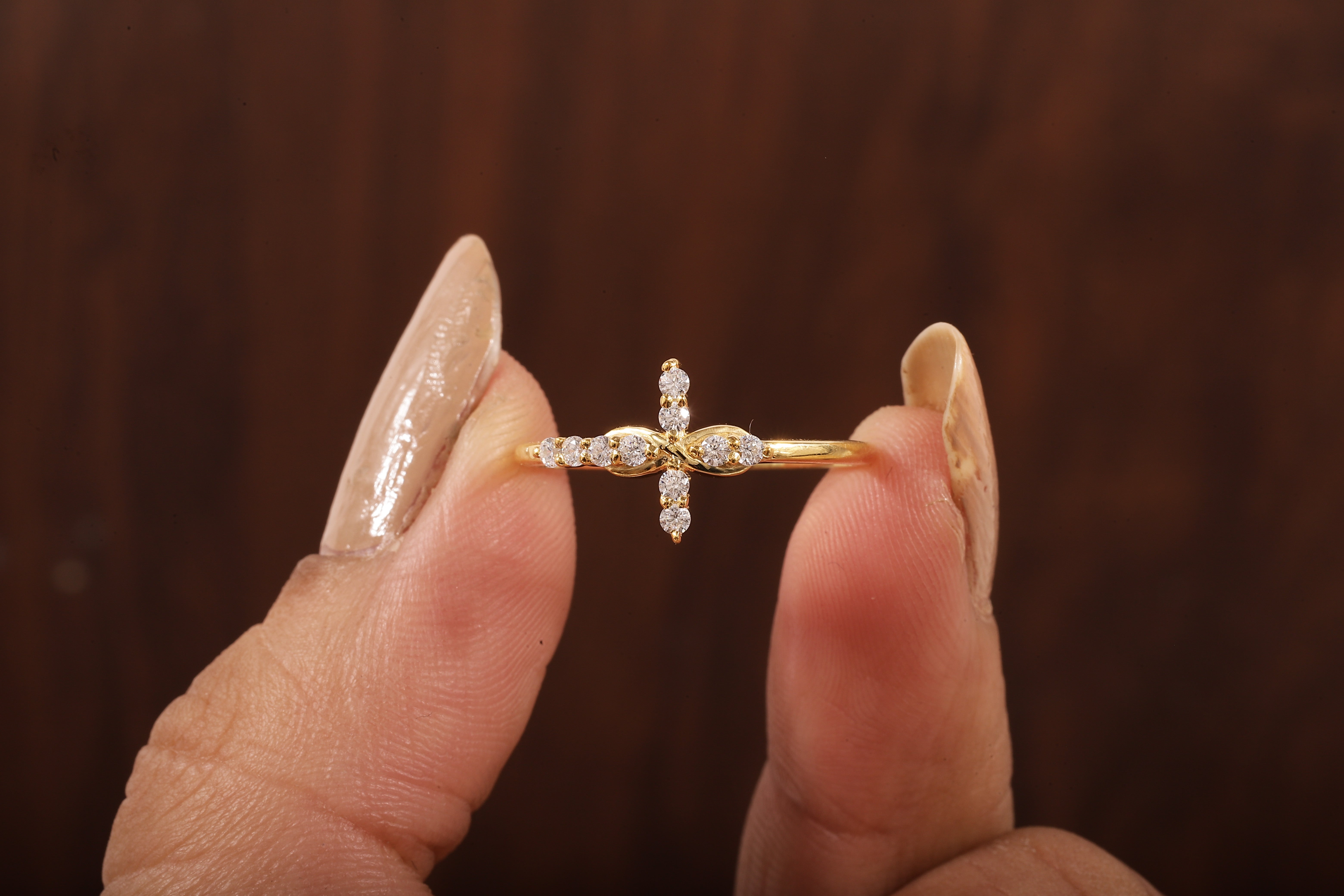Solid Gold Ring,Gold Moissanite Cross Minimalist Rings