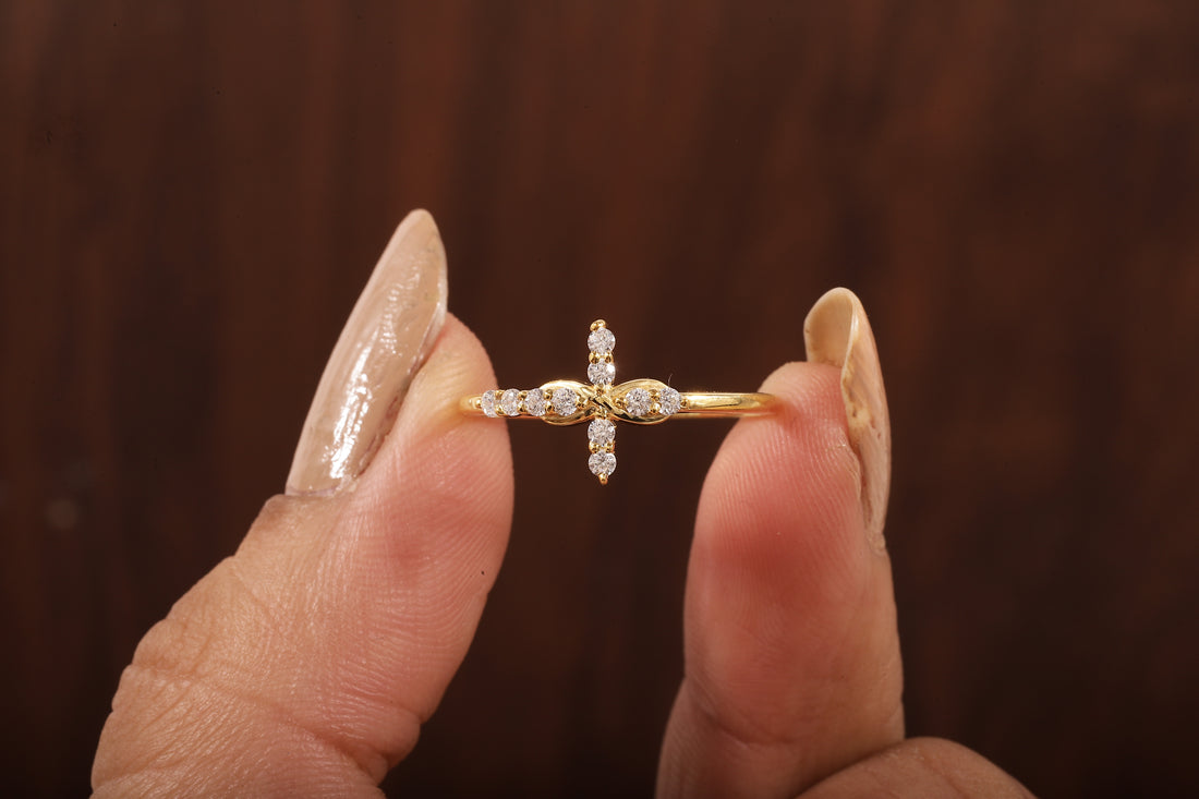 Solid Gold Ring,Gold Moissanite Cross Minimalist Rings