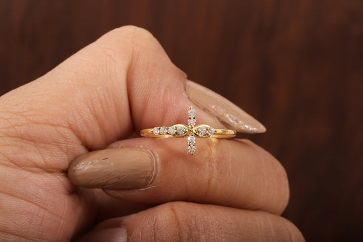 Solid Gold Ring,Gold Moissanite Cross Minimalist Rings