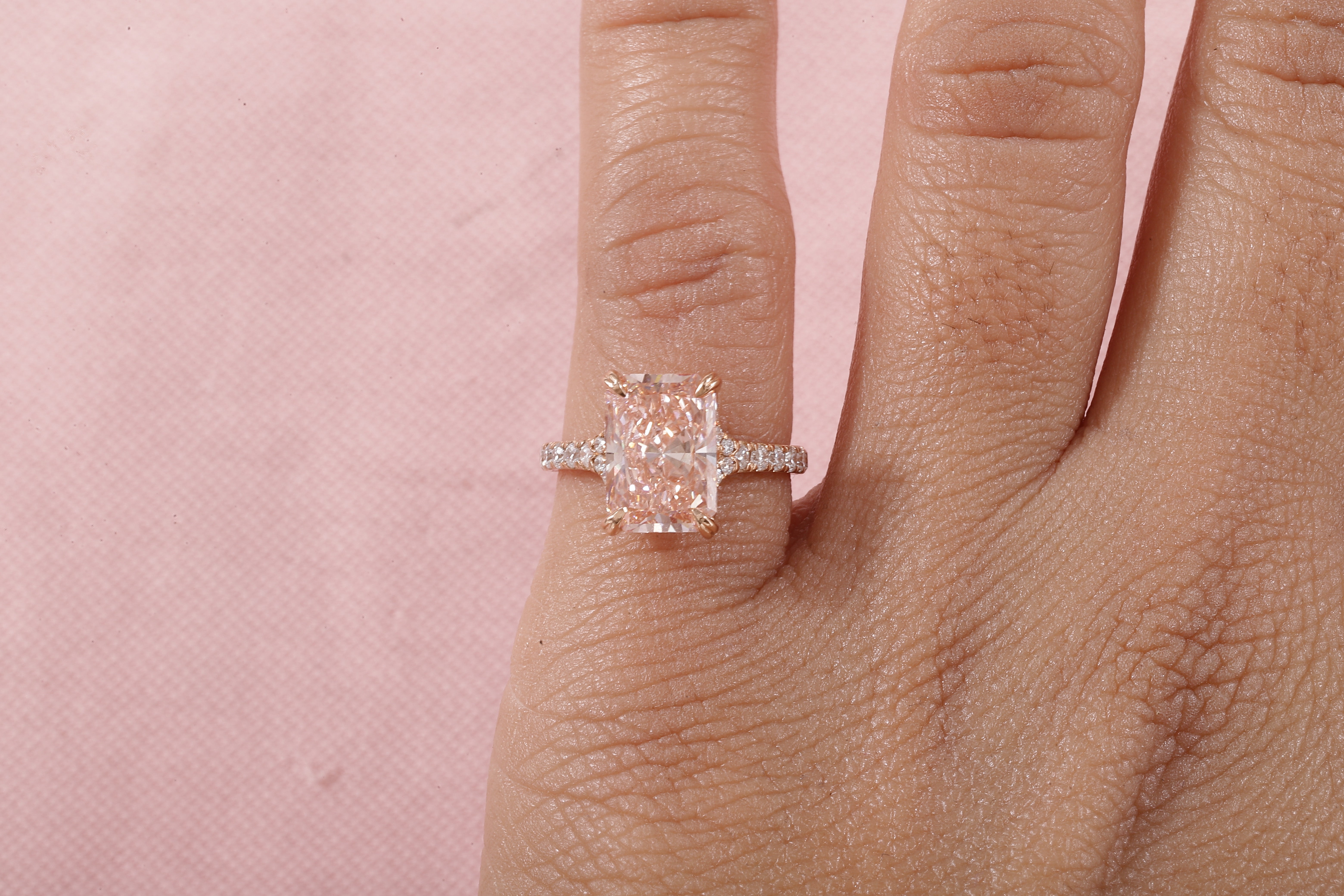 Radiant shaped pink lab grown diamond ring, 18K Rose Gold Ring For Her