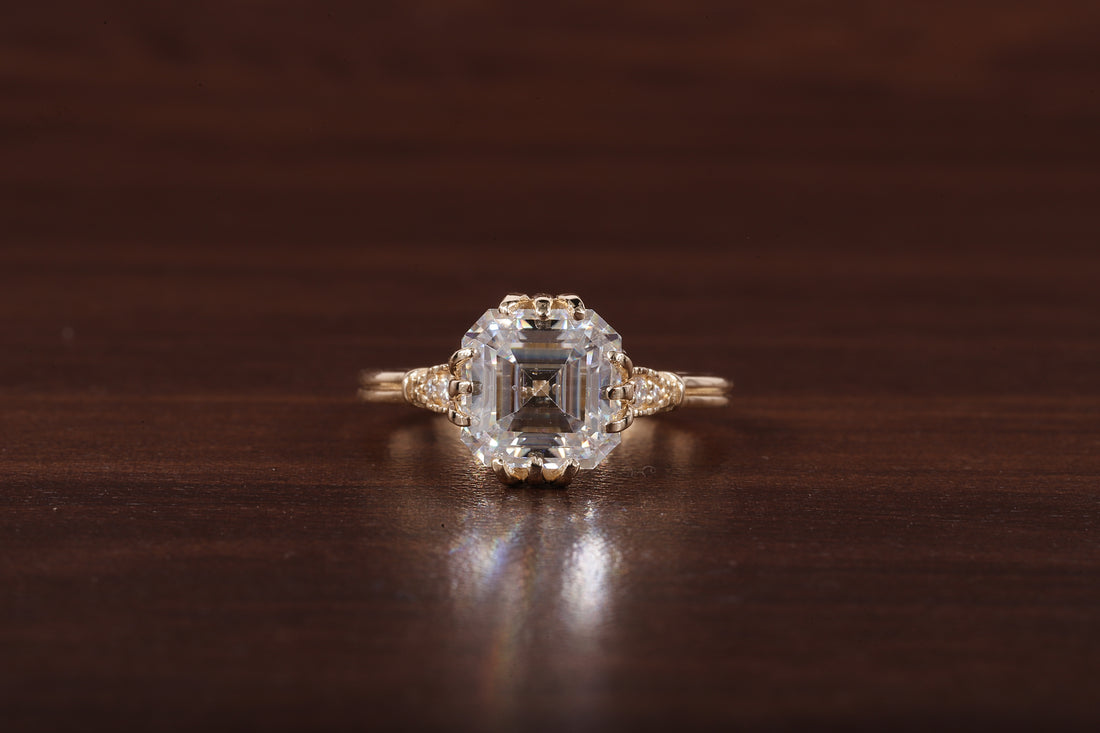 Asscher Cut Moissanite Engagement Ring 14K Yellow Gold Anniversary Ring