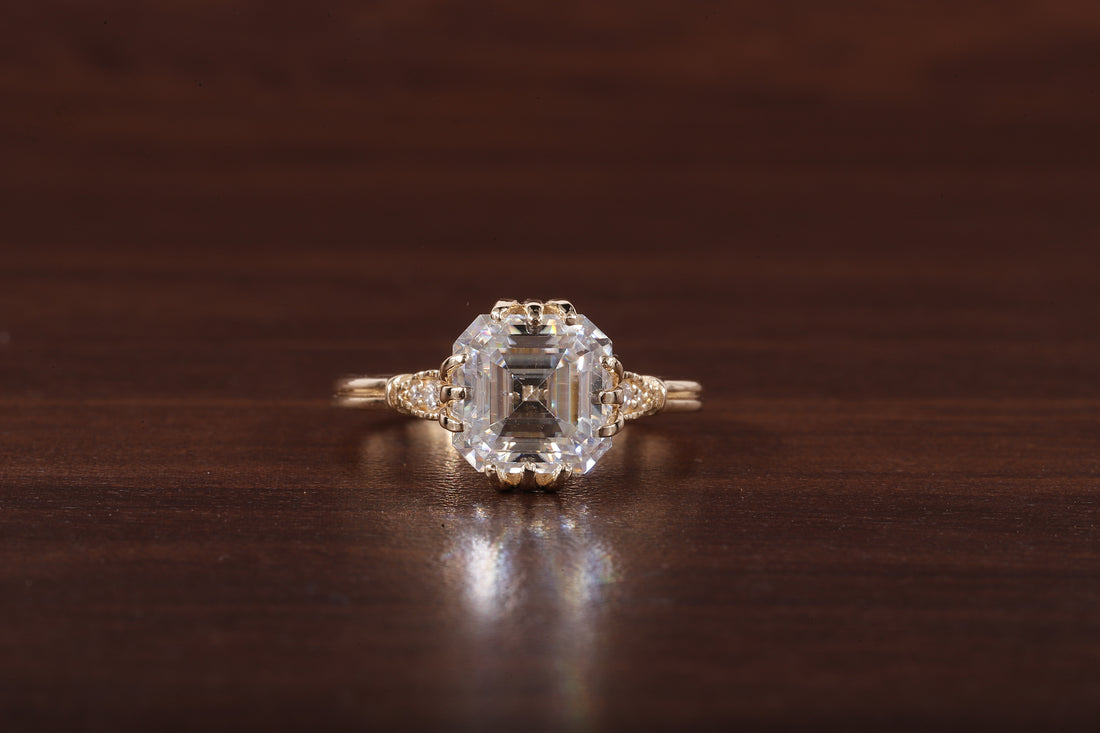 Asscher Cut Moissanite Engagement Ring 14K Yellow Gold Anniversary Ring