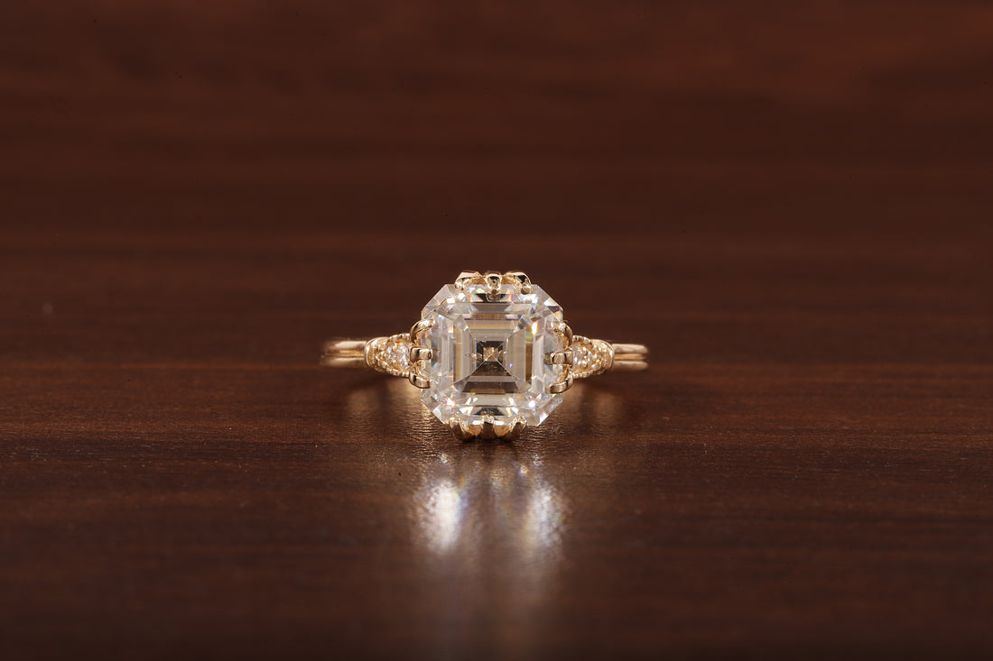 Asscher Cut Moissanite Engagement Ring 14K Yellow Gold Anniversary Ring