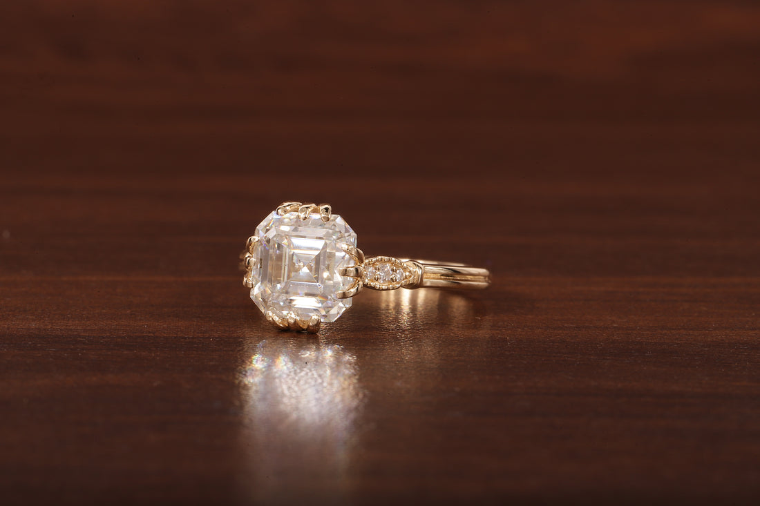 Asscher Cut Moissanite Engagement Ring 14K Yellow Gold Anniversary Ring