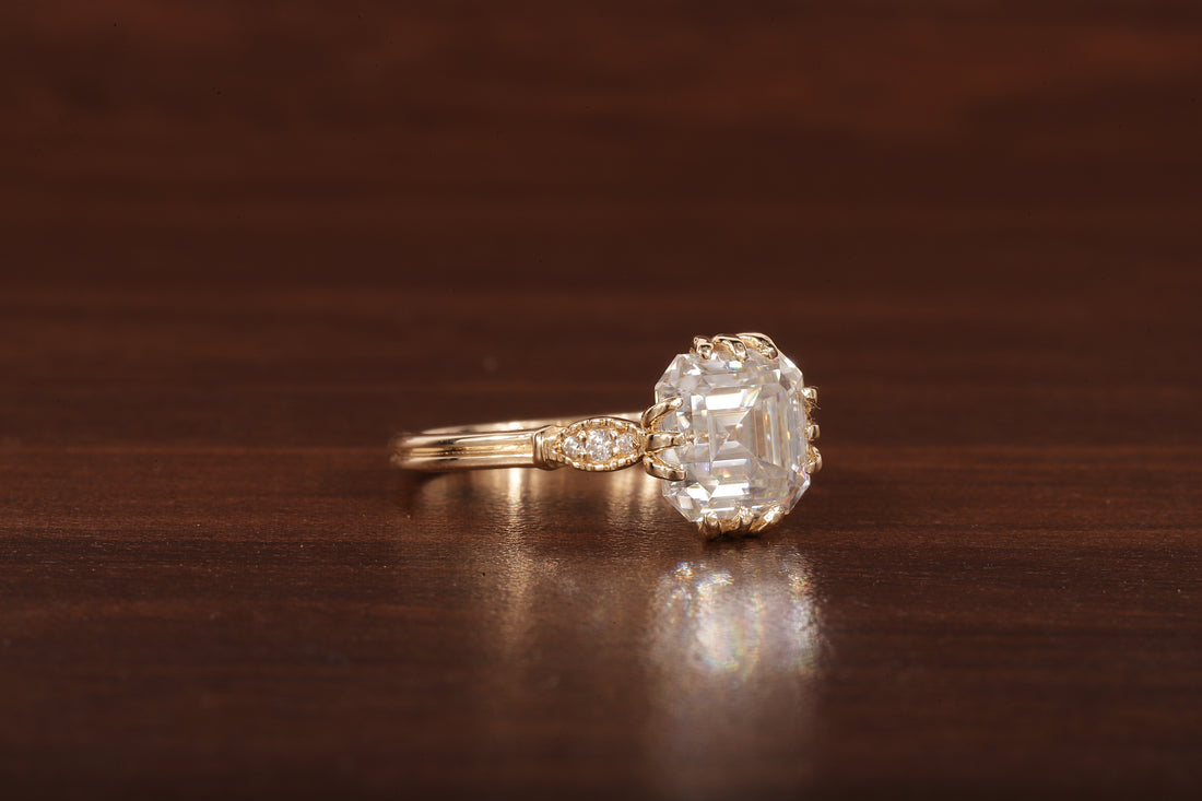 Asscher Cut Moissanite Engagement Ring 14K Yellow Gold Anniversary Ring