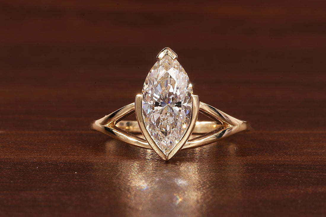 2CT Marquise Cut Lab Created Engagement Ring,Solitaire Half Bezel Set Ring, IGI Certified