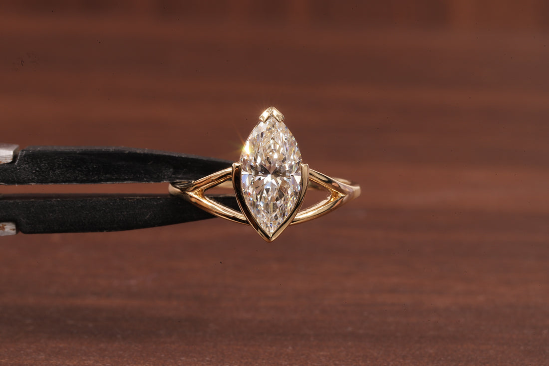 2CT Marquise Cut Lab Created Engagement Ring,Solitaire Half Bezel Set Ring, IGI Certified