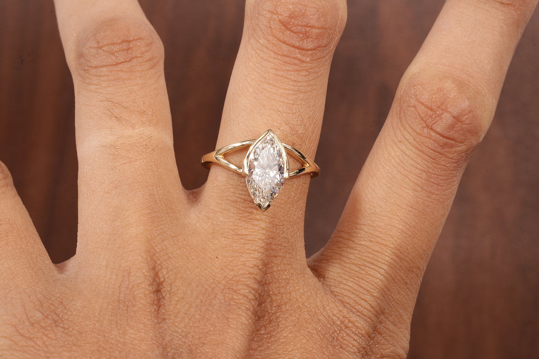 2CT Marquise Cut Lab Created Engagement Ring,Solitaire Half Bezel Set Ring, IGI Certified