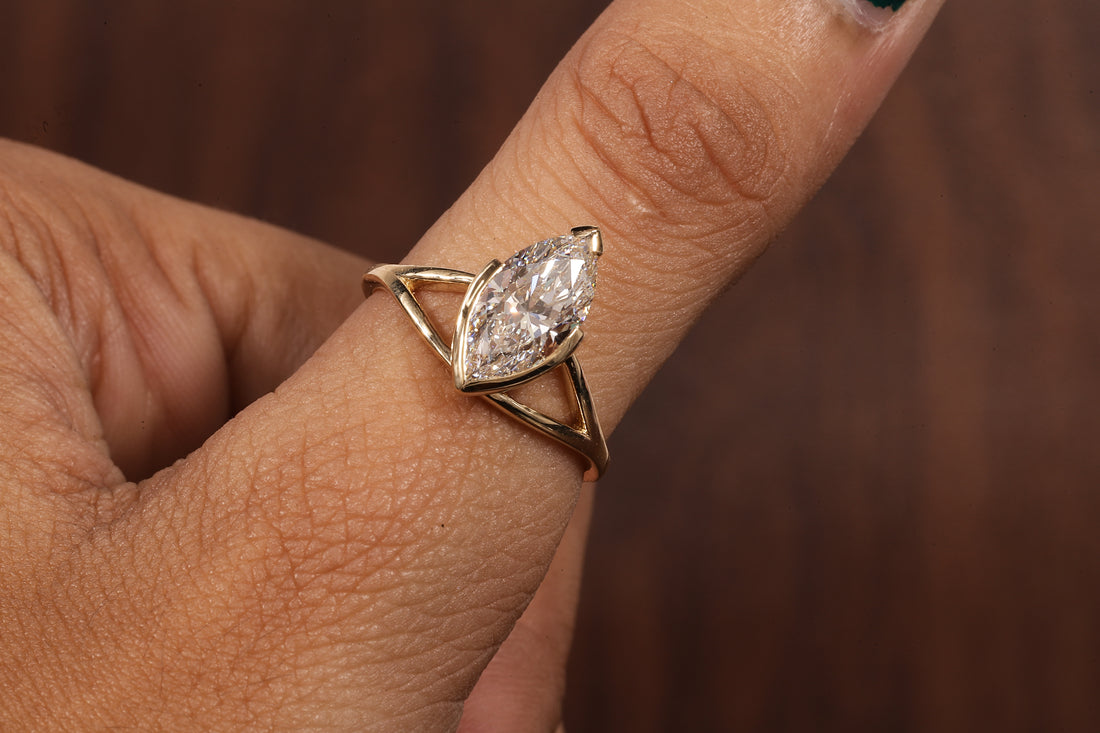 2CT Marquise Cut Lab Created Engagement Ring,Solitaire Half Bezel Set Ring, IGI Certified