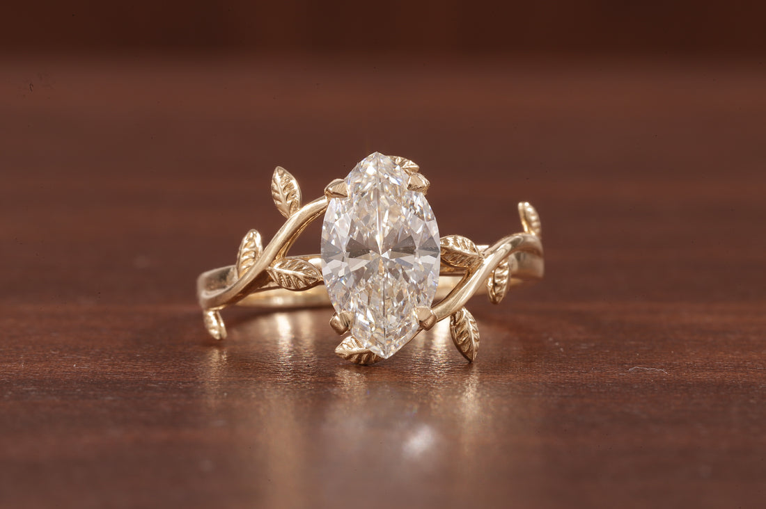 14K Yellow Gold Art Deco|1.5ct Solid Gold Marquise Cut Moissanite Engagement Ring
