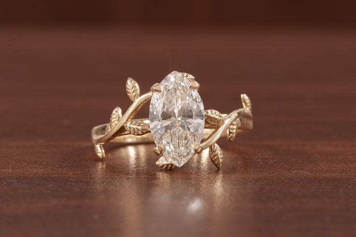 14K Yellow Gold Art Deco|1.5ct Solid Gold Marquise Cut Moissanite Engagement Ring