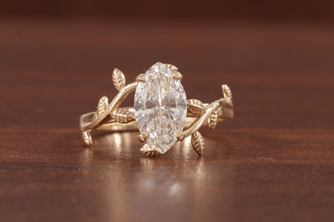 14K Yellow Gold Art Deco|1.5ct Solid Gold Marquise Cut Moissanite Engagement Ring