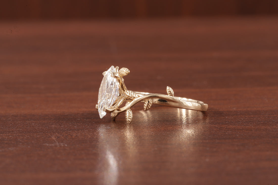 14K Yellow Gold Art Deco|1.5ct Solid Gold Marquise Cut Moissanite Engagement Ring