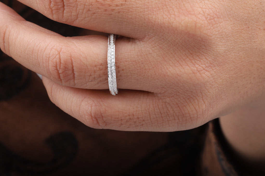 Fully Twisted Unique Band, Full Eternity Wedding Band ,14K White Gold Round Moissanite Band