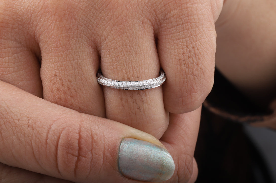 Fully Twisted Unique Band, Full Eternity Wedding Band ,14K White Gold Round Moissanite Band