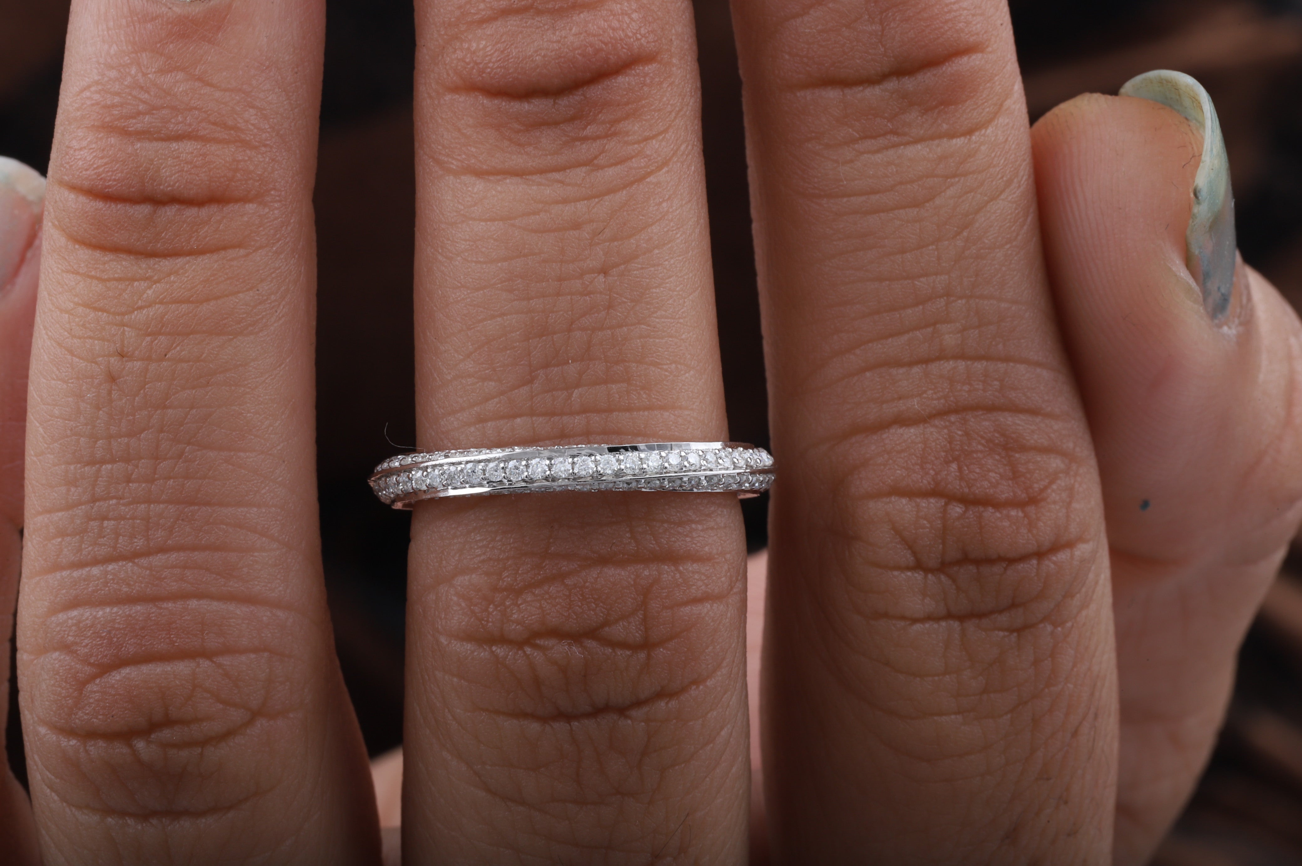 Fully Twisted Unique Band, Full Eternity Wedding Band ,14K White Gold Round Moissanite Band