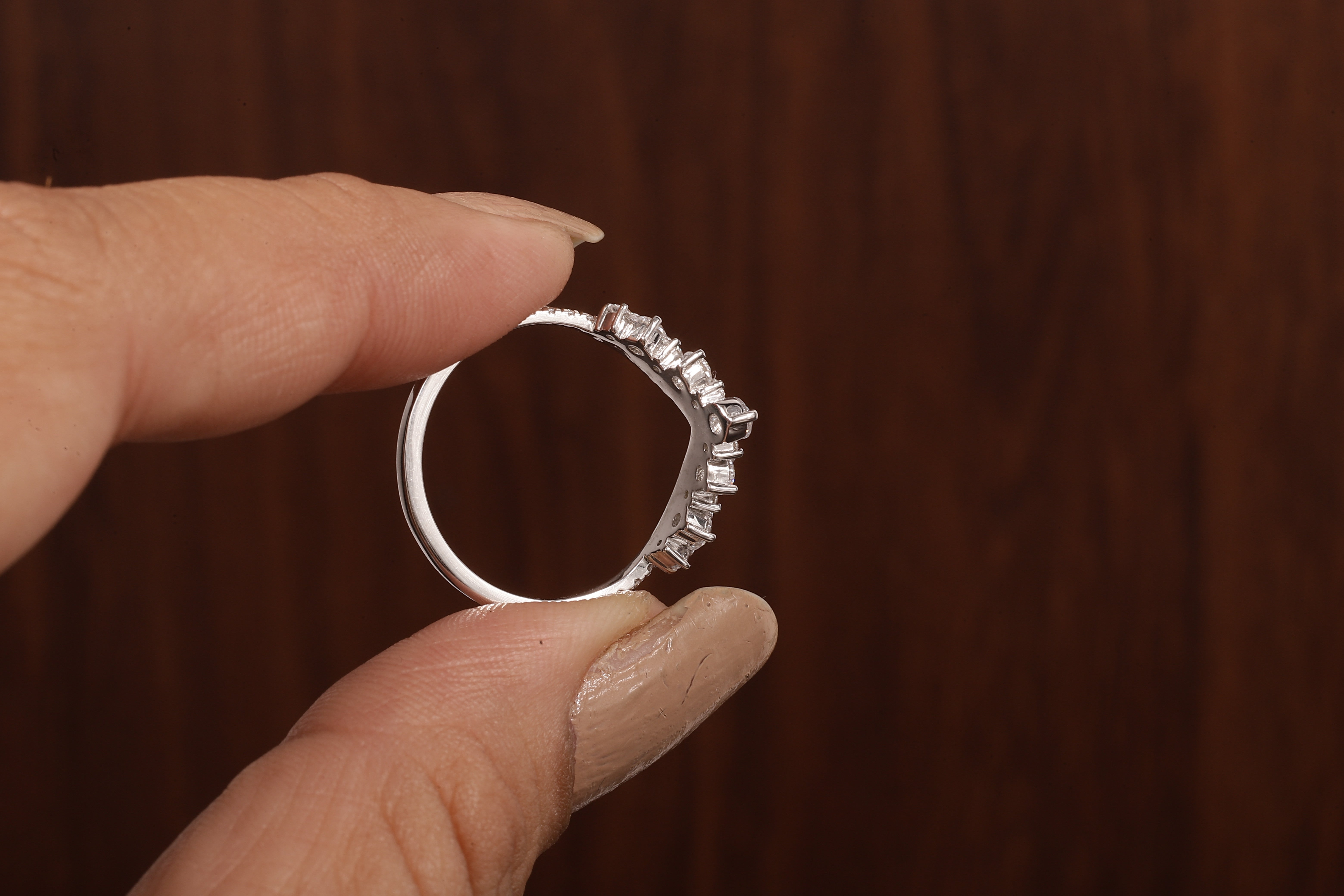 Tiara Curved Lab Grown Diamond Wedding Band 14K Solid Gold V Shape Half Eternity Band