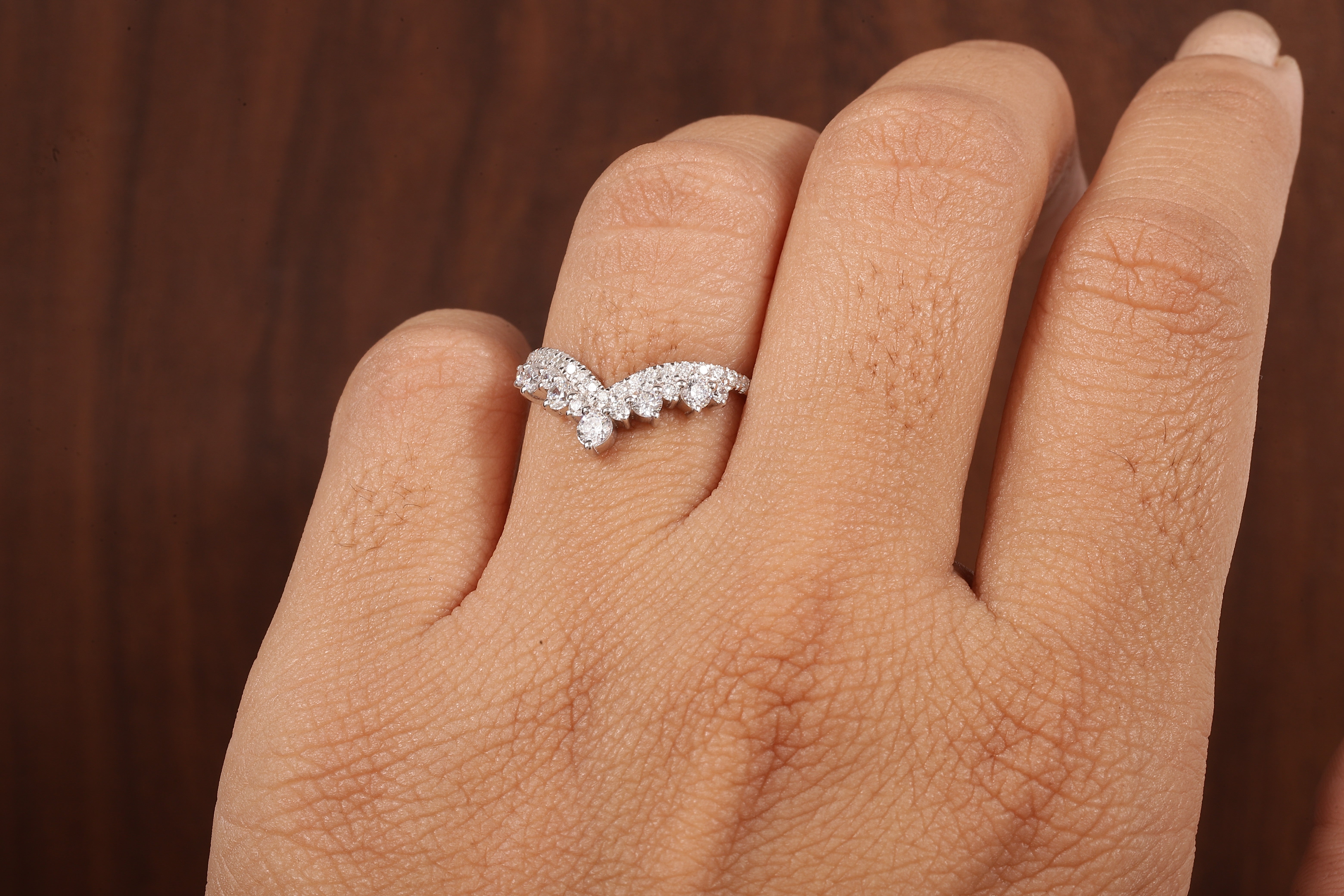 Tiara Curved Lab Grown Diamond Wedding Band 14K Solid Gold V Shape Half Eternity Band
