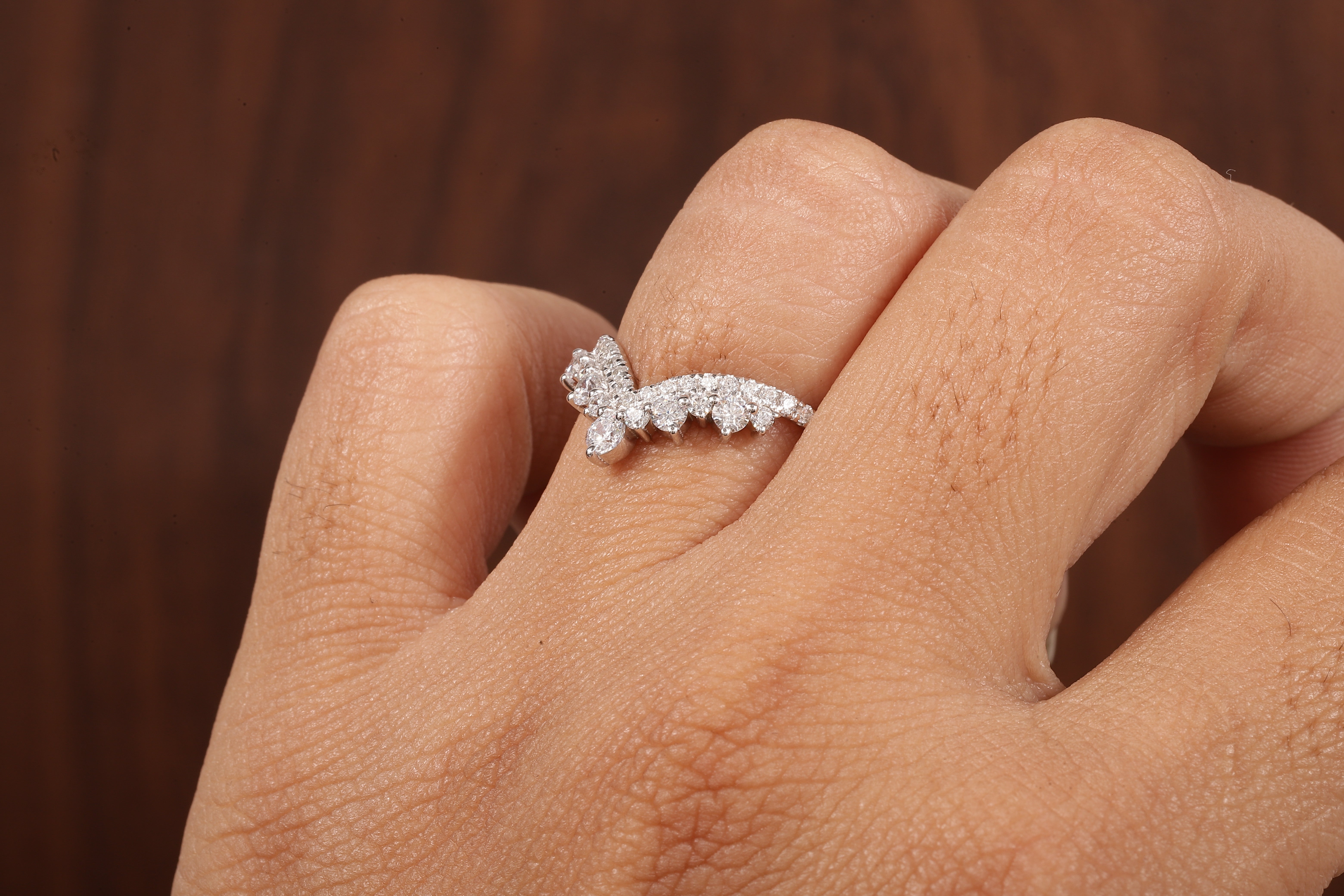 Tiara Curved Lab Grown Diamond Wedding Band 14K Solid Gold V Shape Half Eternity Band