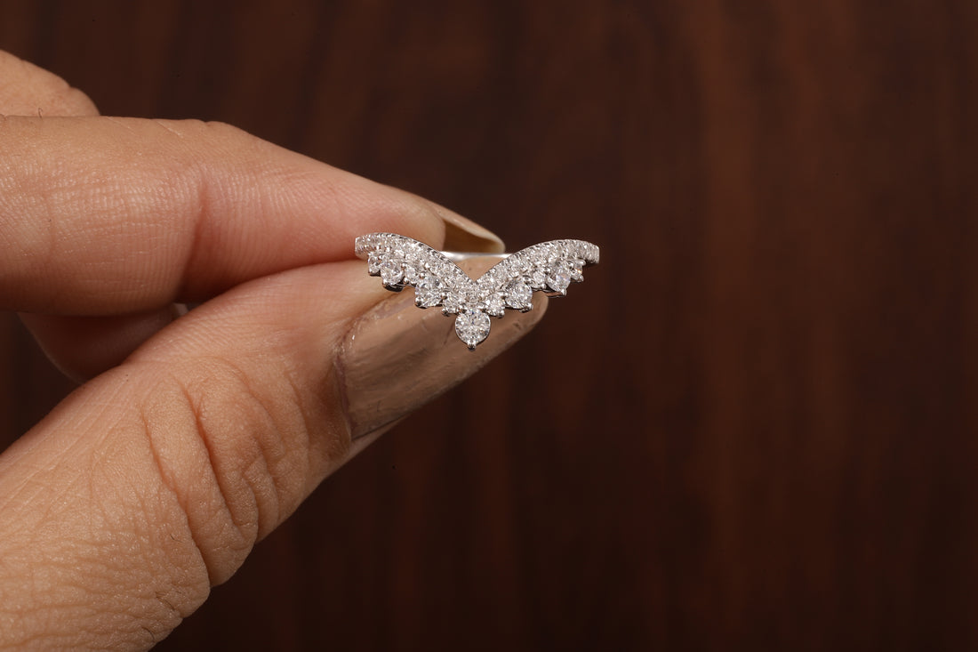 Tiara Curved Lab Grown Diamond Wedding Band 14K Solid Gold V Shape Half Eternity Band