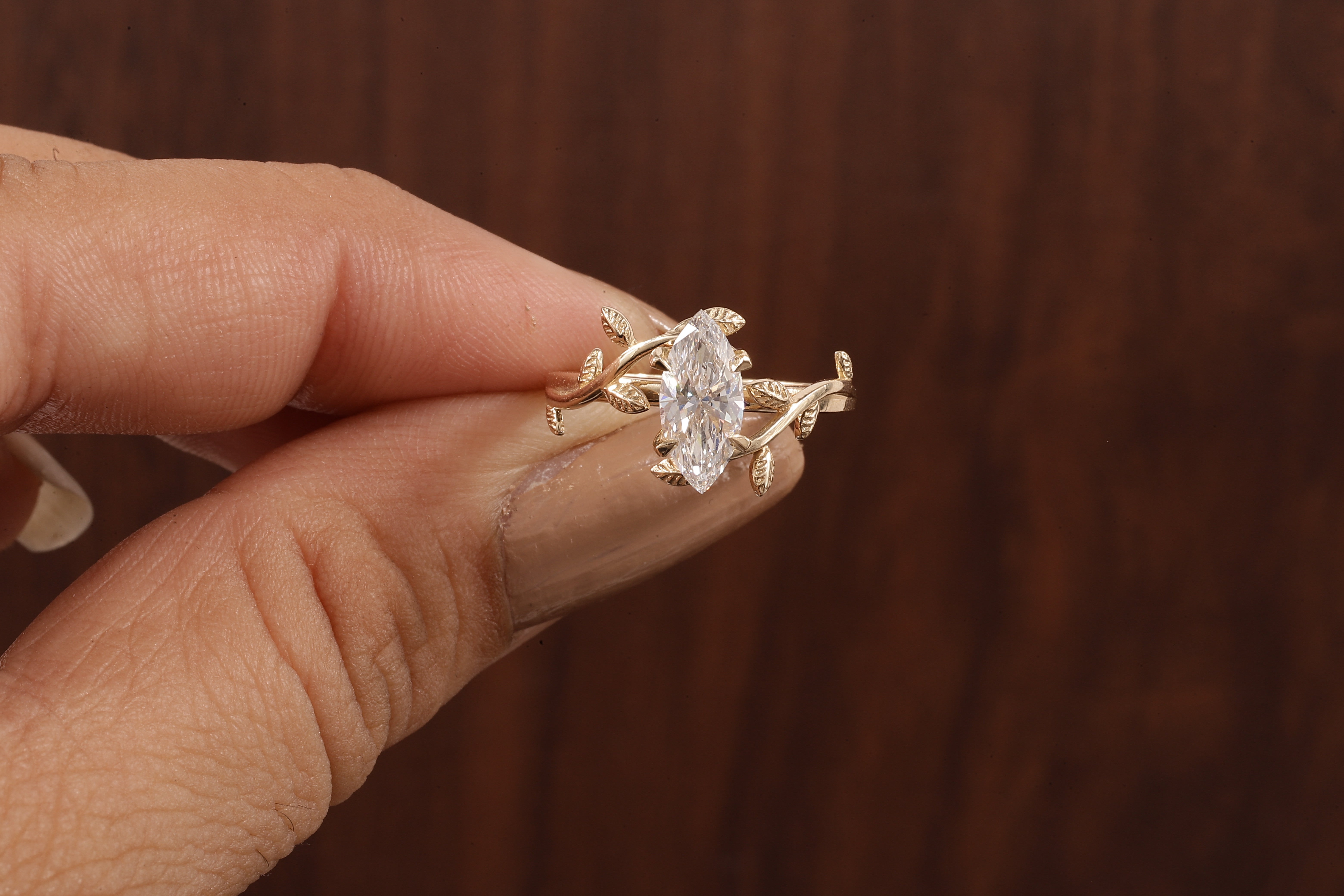 1 CT Marquise Nature Inspired Engagement Ring in Marquise Cut Lab Grown Diamond