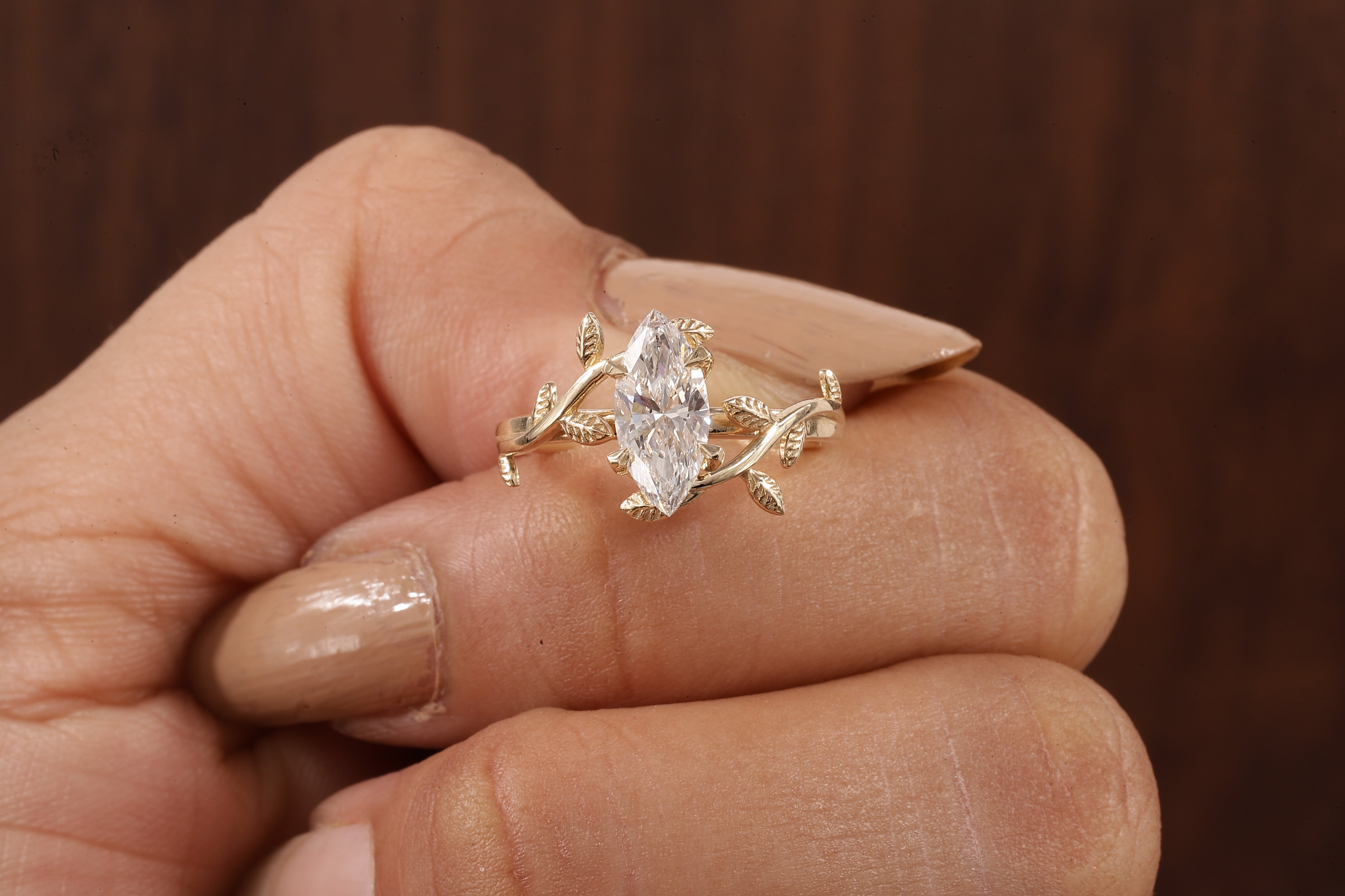 1 CT Marquise Nature Inspired Engagement Ring in Marquise Cut Lab Grown Diamond
