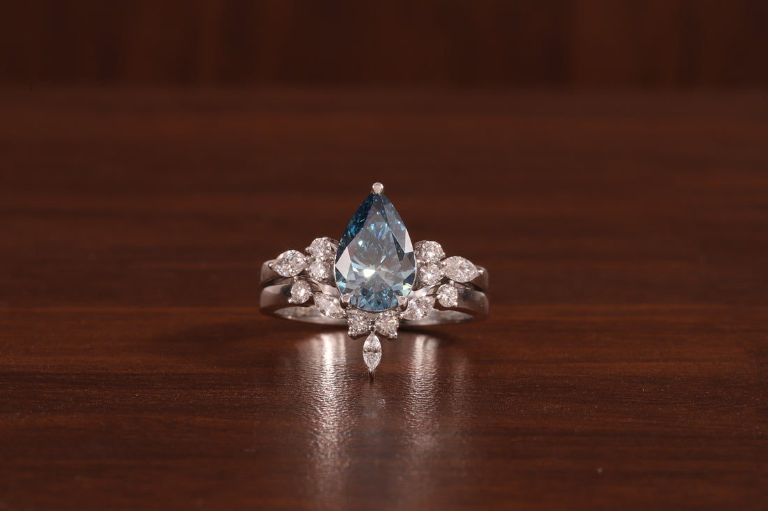 2 CT Blue Pear Cut Lab Grown Diamond Ring, Matching Curved Band