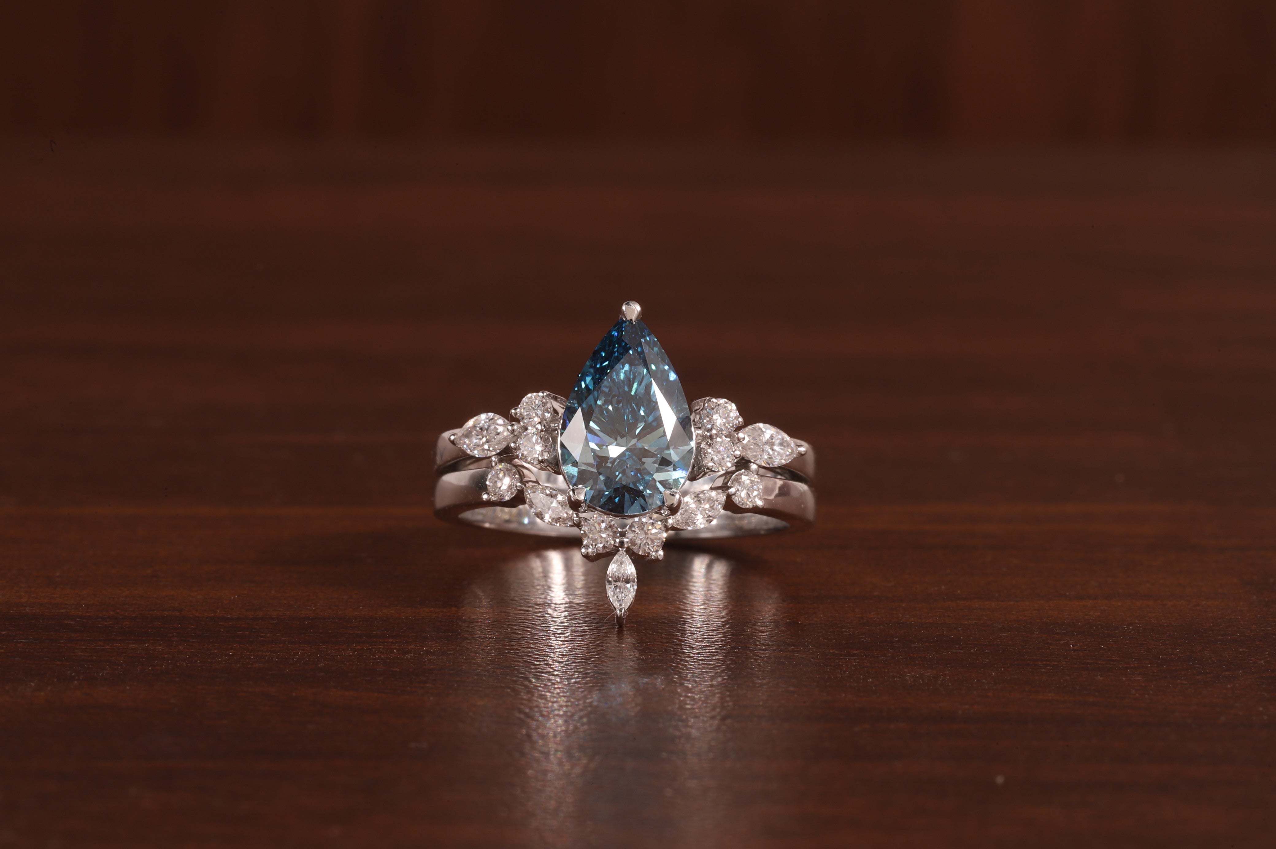 2 CT Blue Pear Cut Lab Grown Diamond Ring, Matching Curved Band