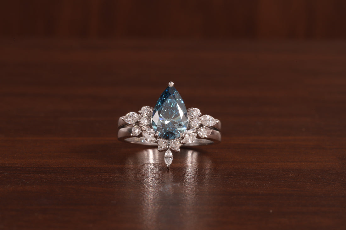 2 CT Blue Pear Cut Lab Grown Diamond Ring, Matching Curved Band