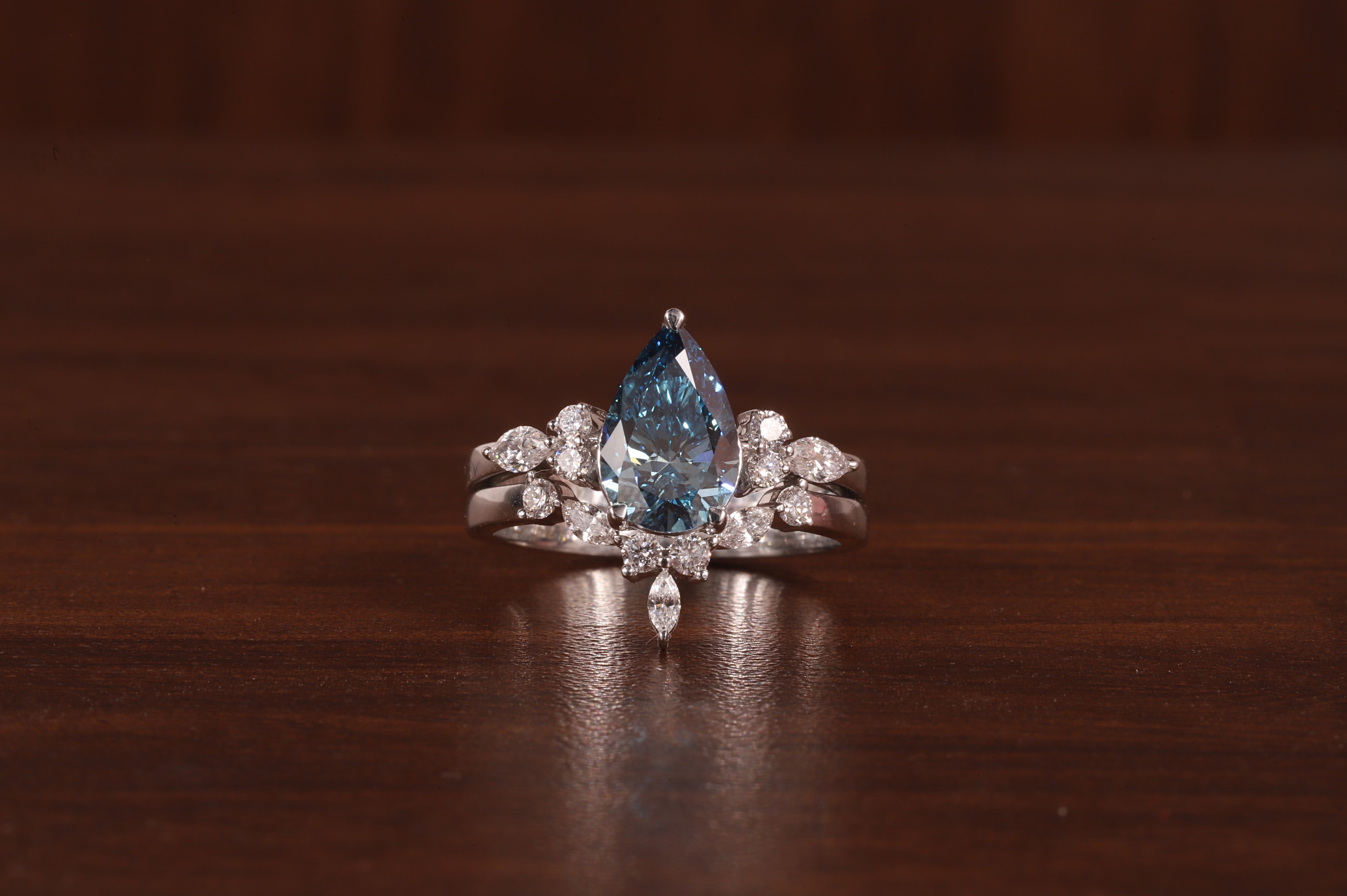 2 CT Blue Pear Cut Lab Grown Diamond Ring, Matching Curved Band