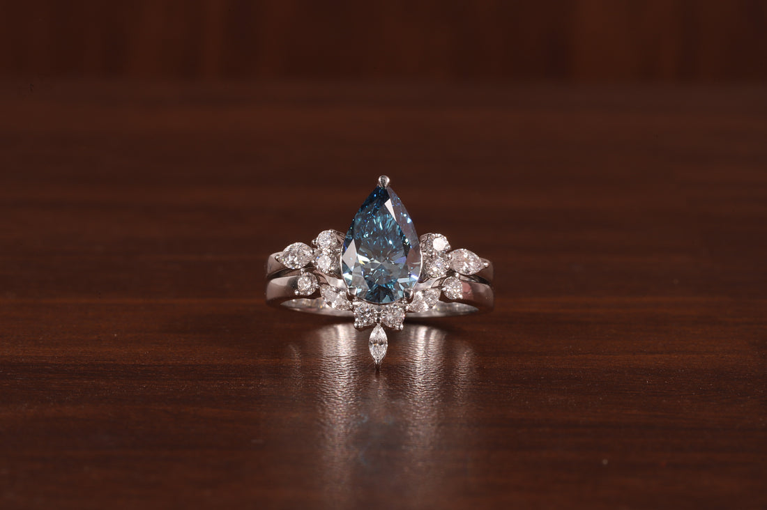 2 CT Blue Pear Cut Lab Grown Diamond Ring, Matching Curved Band