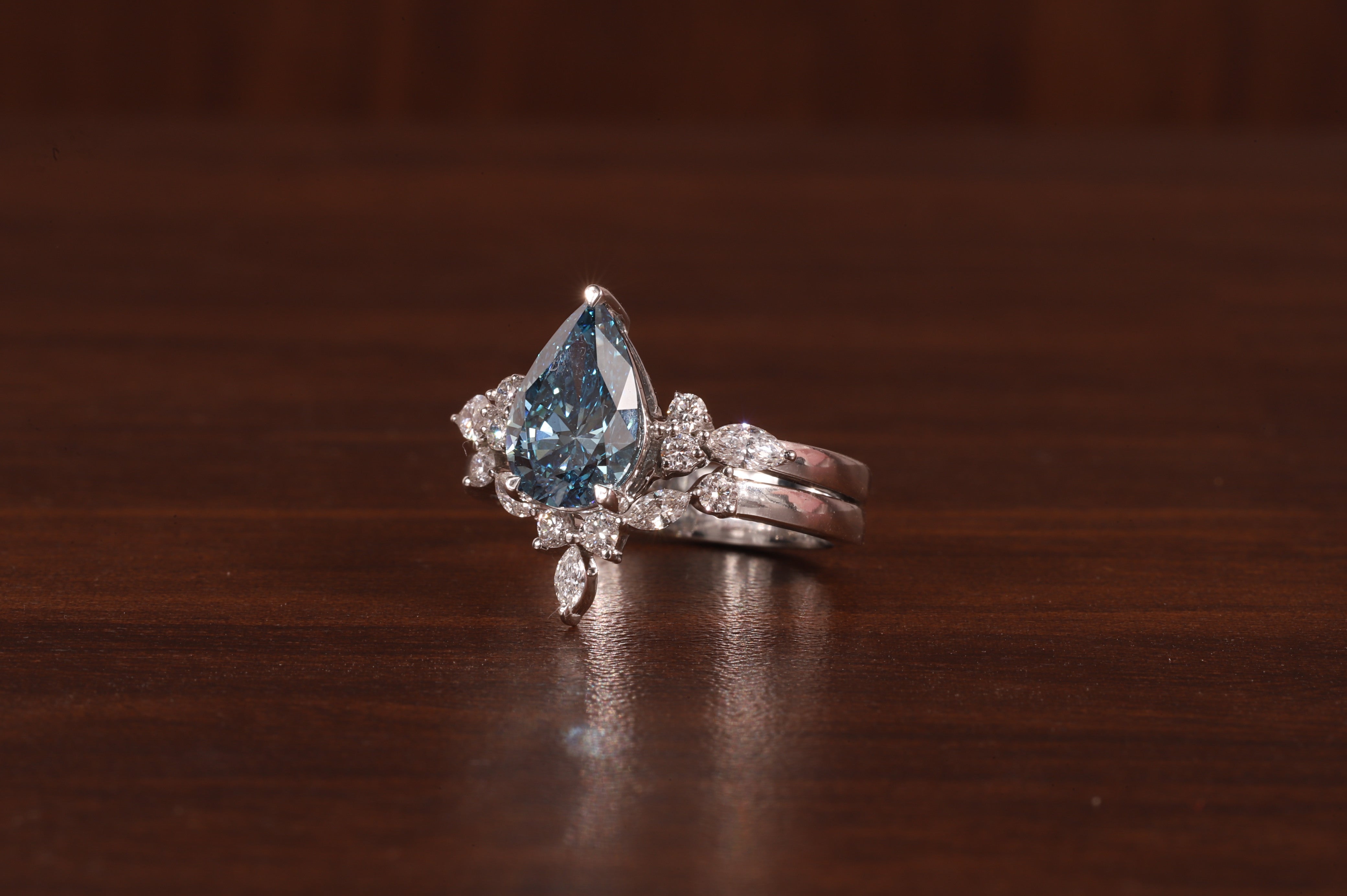 2 CT Blue Pear Cut Lab Grown Diamond Ring, Matching Curved Band