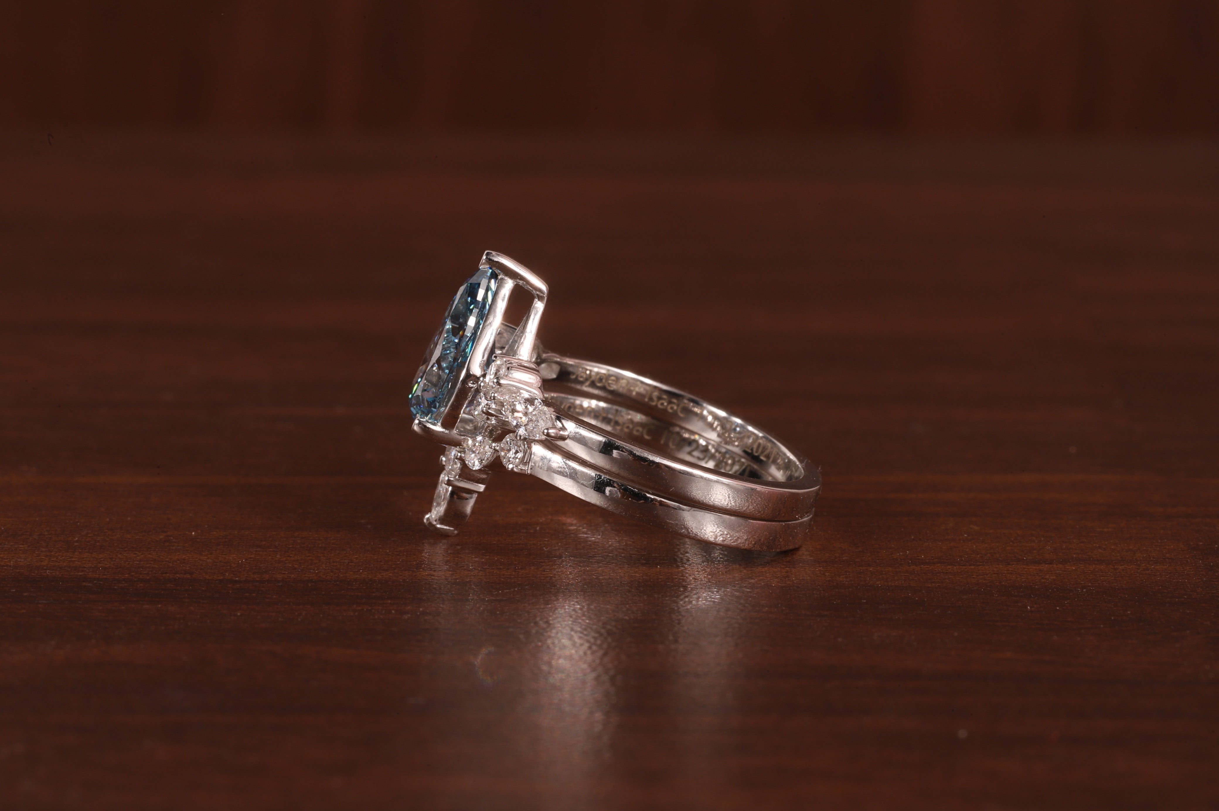 2 CT Blue Pear Cut Lab Grown Diamond Ring, Matching Curved Band