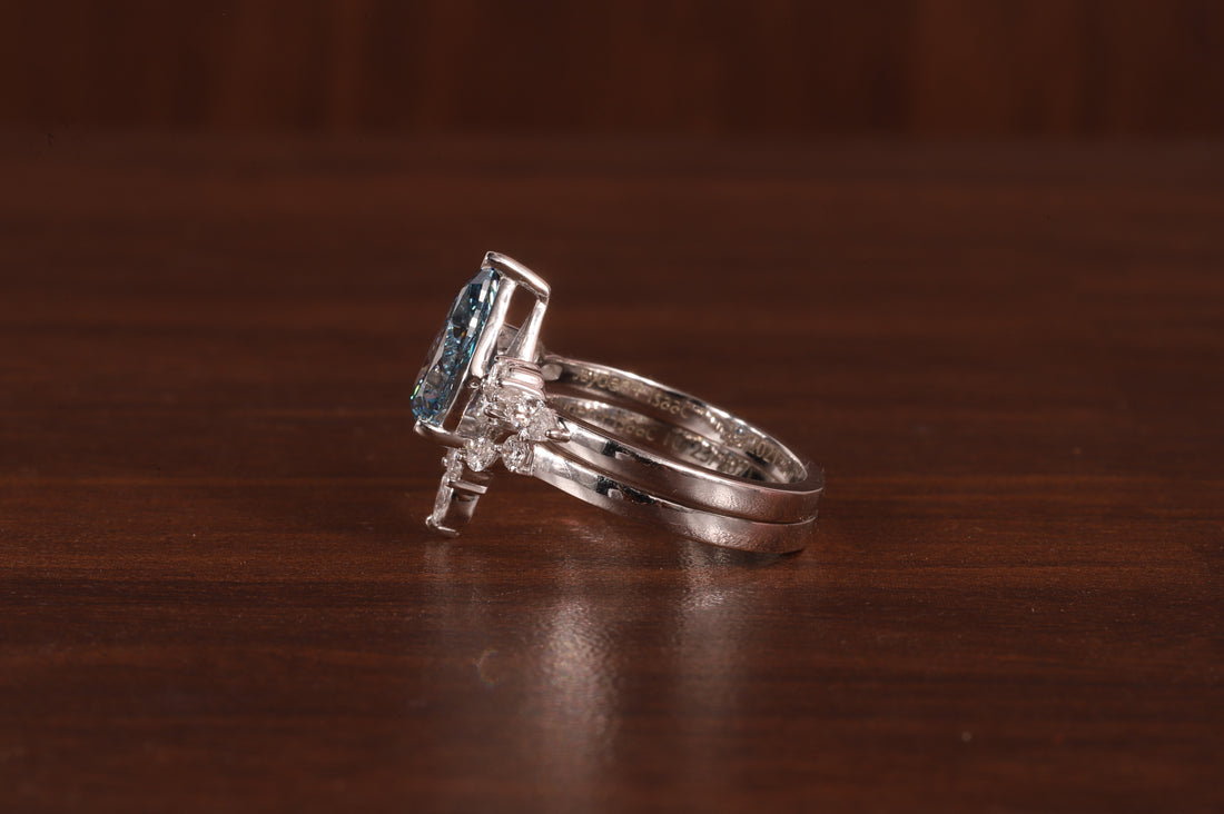 2 CT Blue Pear Cut Lab Grown Diamond Ring, Matching Curved Band