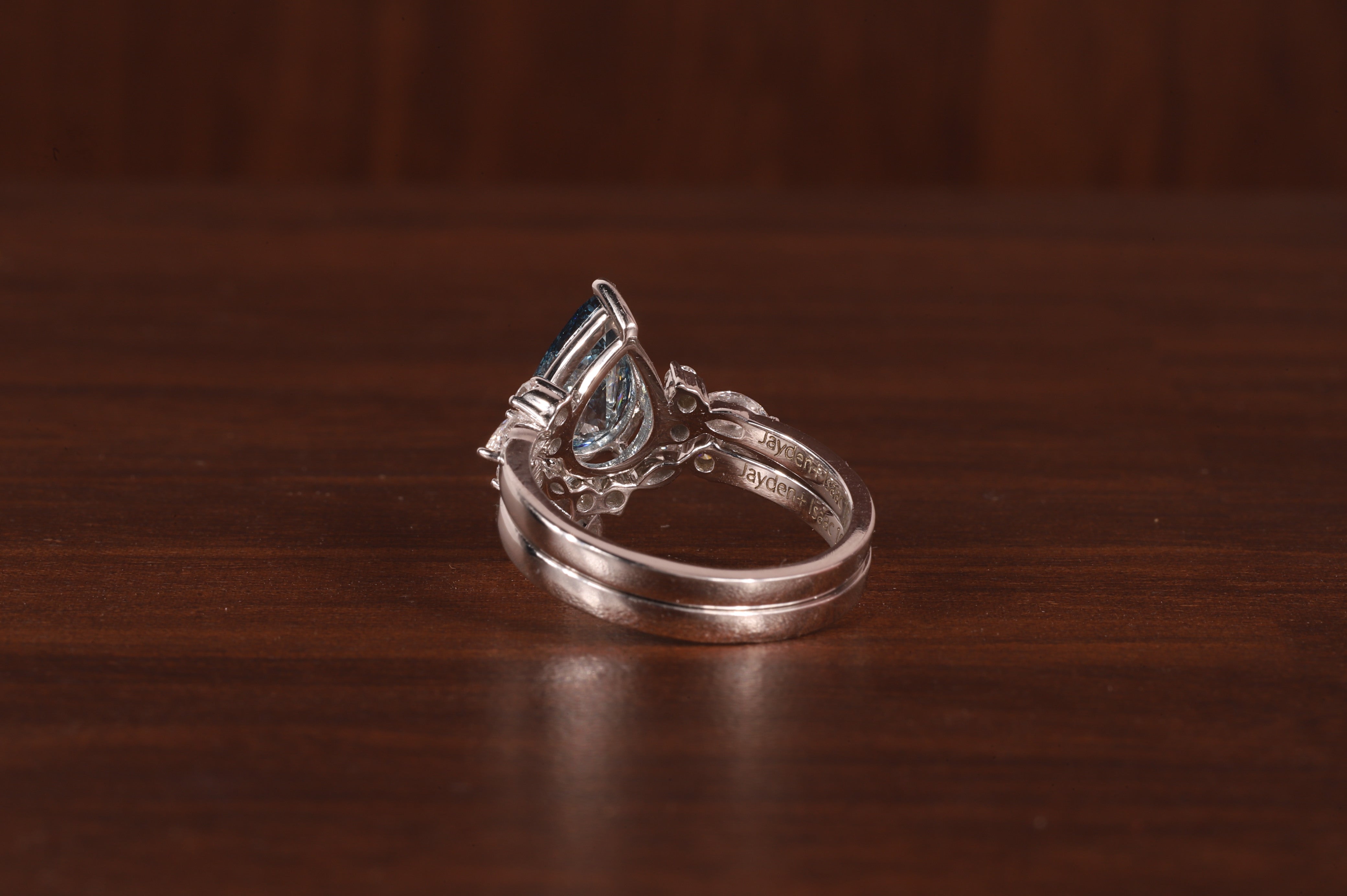 2 CT Blue Pear Cut Lab Grown Diamond Ring, Matching Curved Band